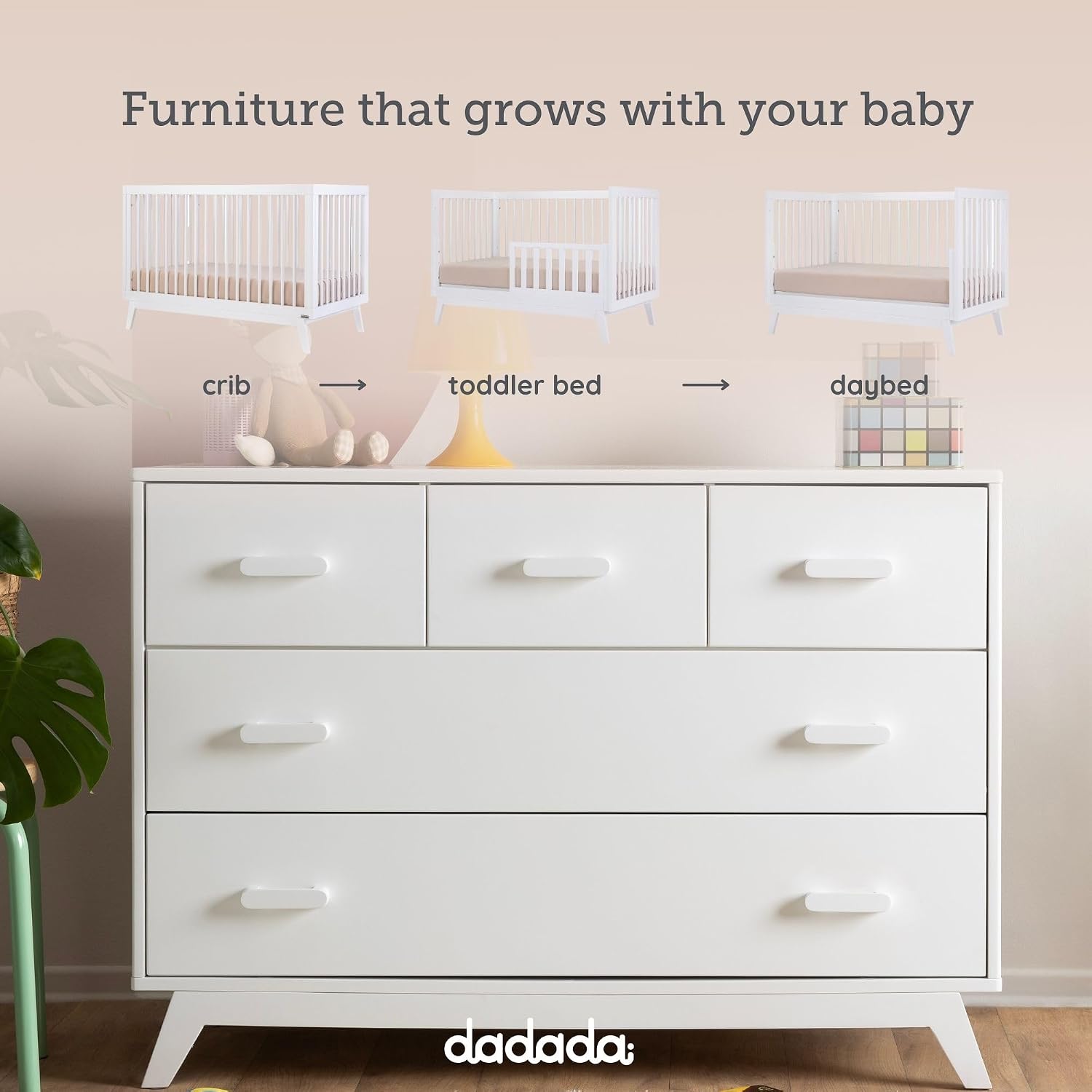 dadada Soho Baby Nursery Furniture Set. Baby Crib and Dresser Set Combo. Soho 3-in-1 Convertible Crib and 5 Drawer Nursery Dresser. White Beechwood