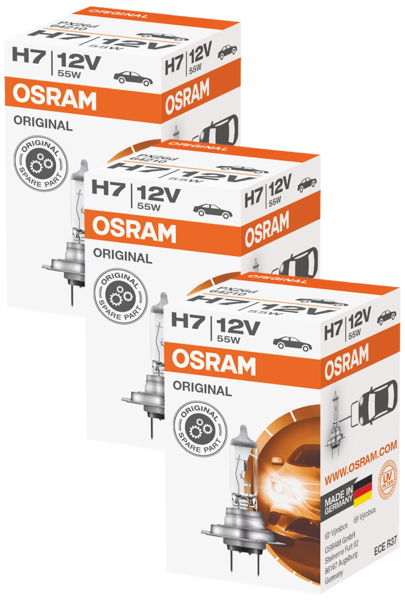 Osram ORIGINAL H7, Halogen-Scheinwerferlampe, 64210, 12V PKW, Faltschachtel (1 Stück) (Packung mit 3)