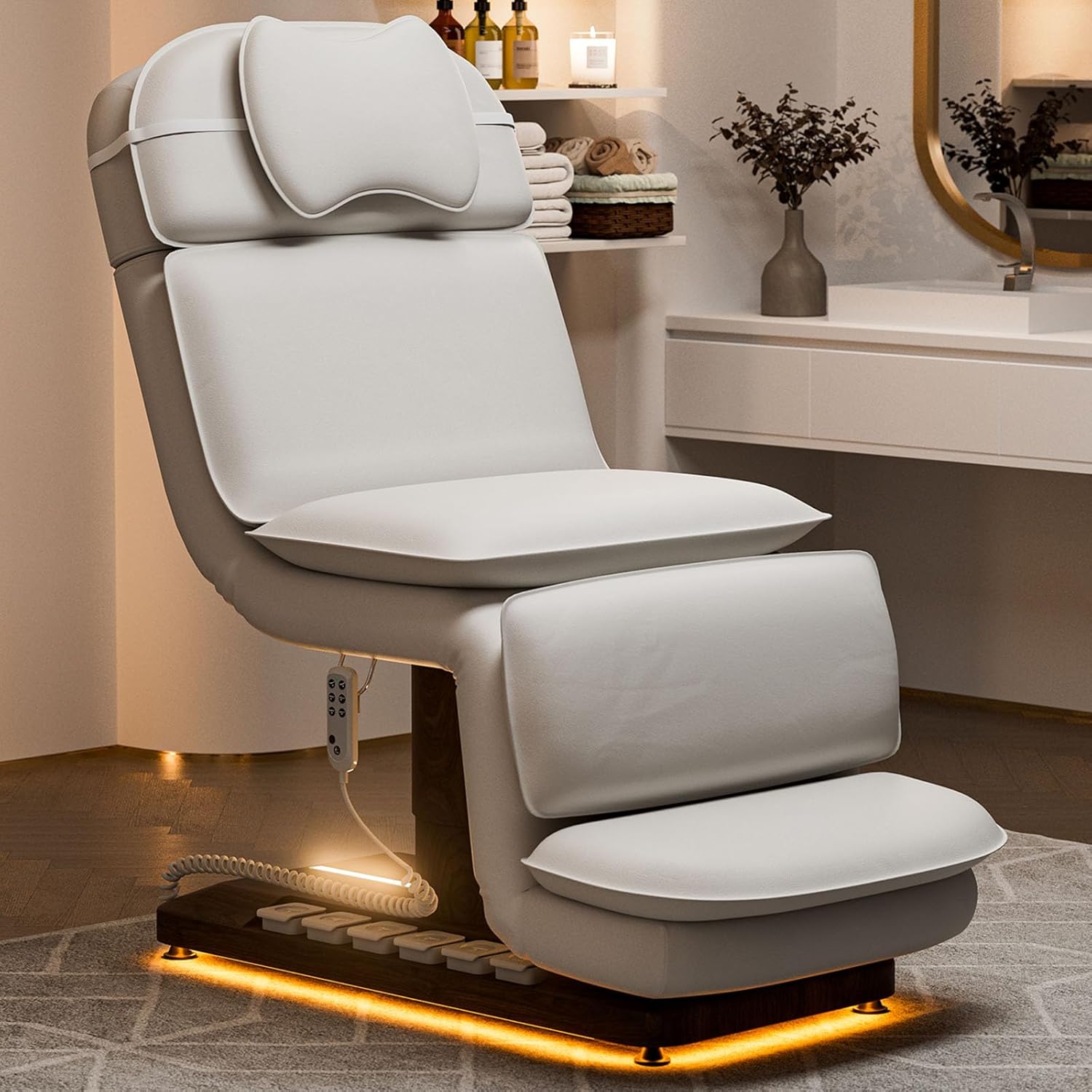 VARONXE Fully Electric Massage Table, Esthetician Facial & Lash Chair with LED Lighting, Adjustable Back & Leg Rests, Spa & Medical Bed for Tattooing, Waxing, Beauty Treatments, White