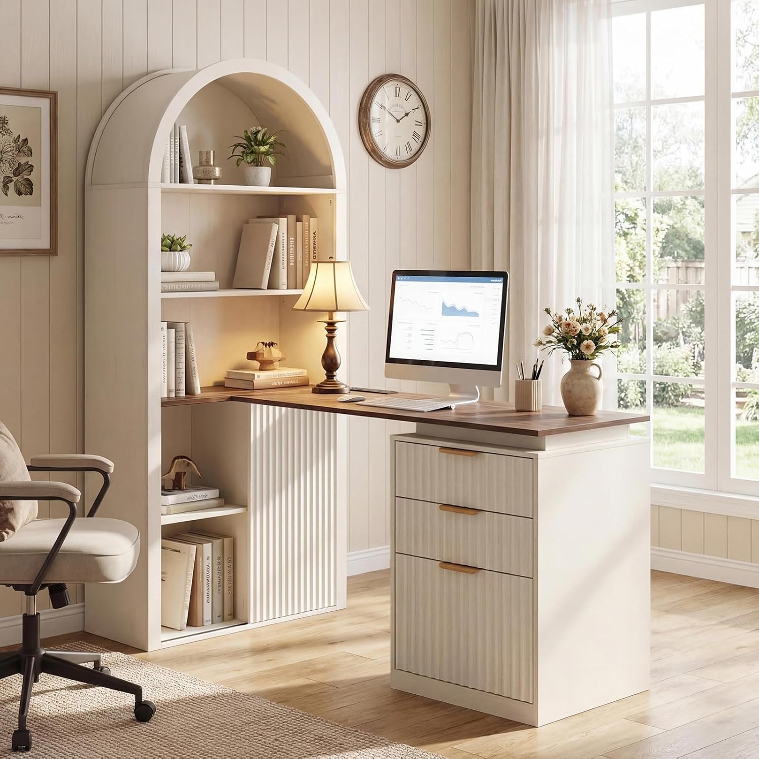 NORTHSKY 61" L-Shaped Desk with Arched Bookshelf, Fluted Corner Computer Desk with 3 Drawers, Sleek Sliding Door, Built-in Charging Station, Elegant Modern Workstation for Home Office, White