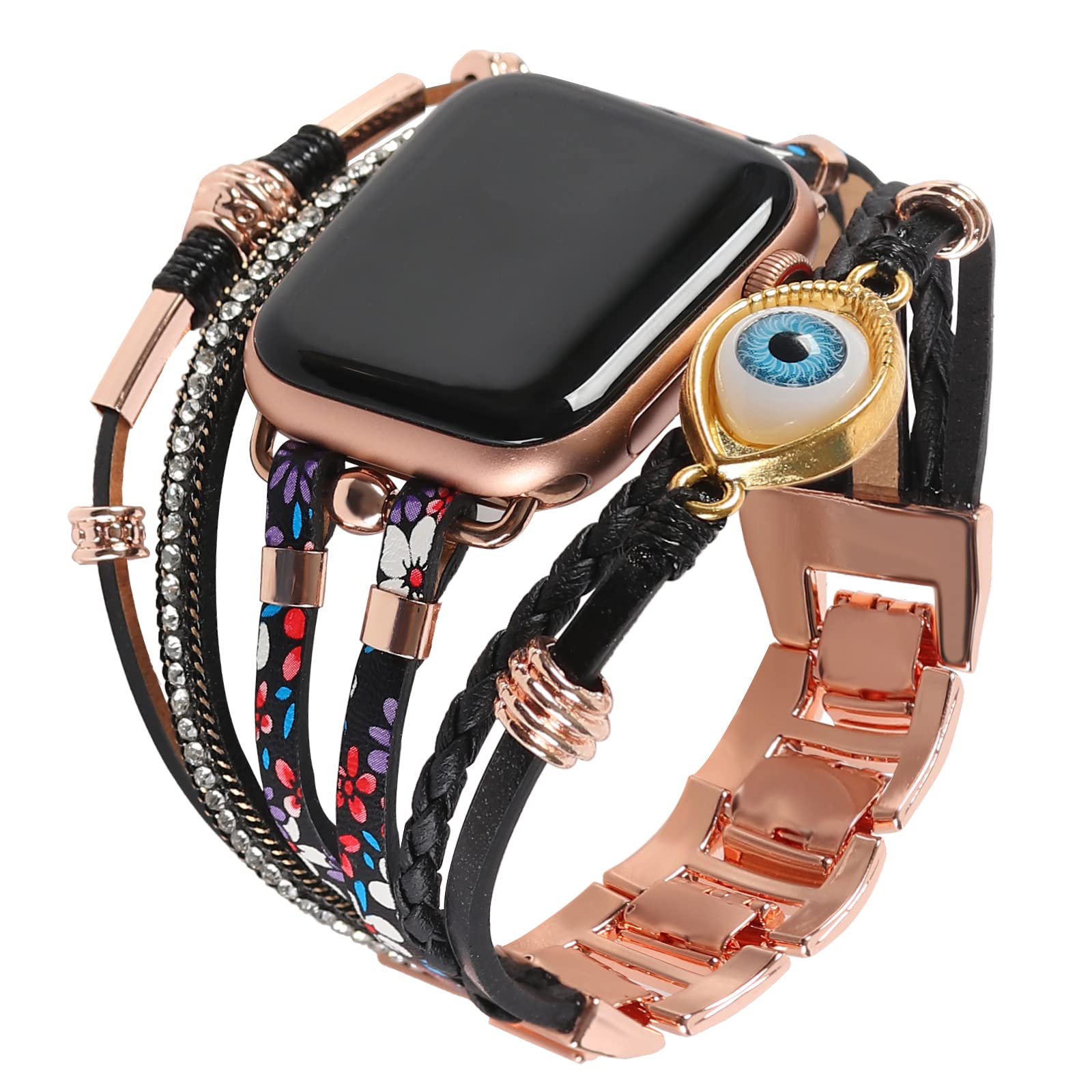 Posh skórzana bransoletka, paski kompatybilne z Apple Watch Band 38 mm, 40 mm, 41 mm, boho, ręcznie robiona biżuteria, wielowarstwowy pasek do smartwatcha, opaska na nadgarstek do iWatch serii SE, 7