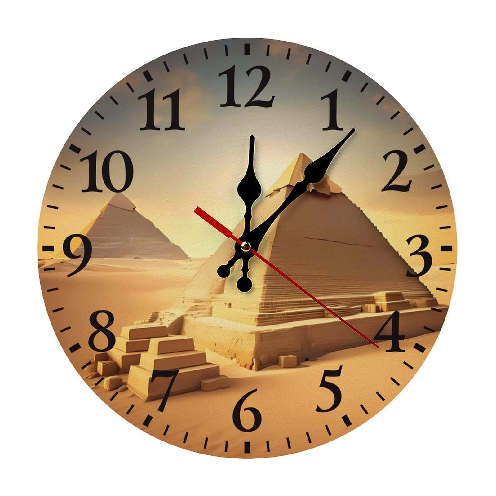 QMNLKH Egyptian Pyramid in Desert Wall Clock for Home, Battery Operated Clock for Hotel, Round Wall Clock with Arabic Numerals Black, Easy to Read, Non-Ticking Clocks for Living Room 30 * 30cm