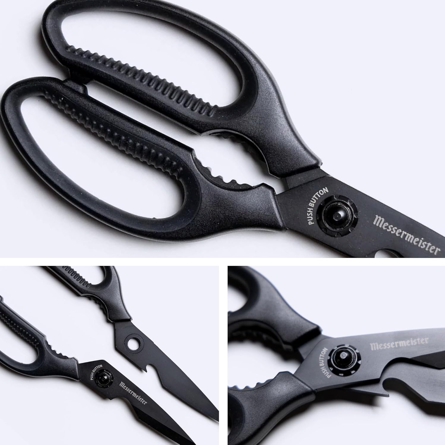 Messermeister 7-Inch Push Button Precision Shears, Titanium Black - High-Carbon Stainless Steel & Soft-Grip Handles - Includes Nut Cracker & Bottle Opener