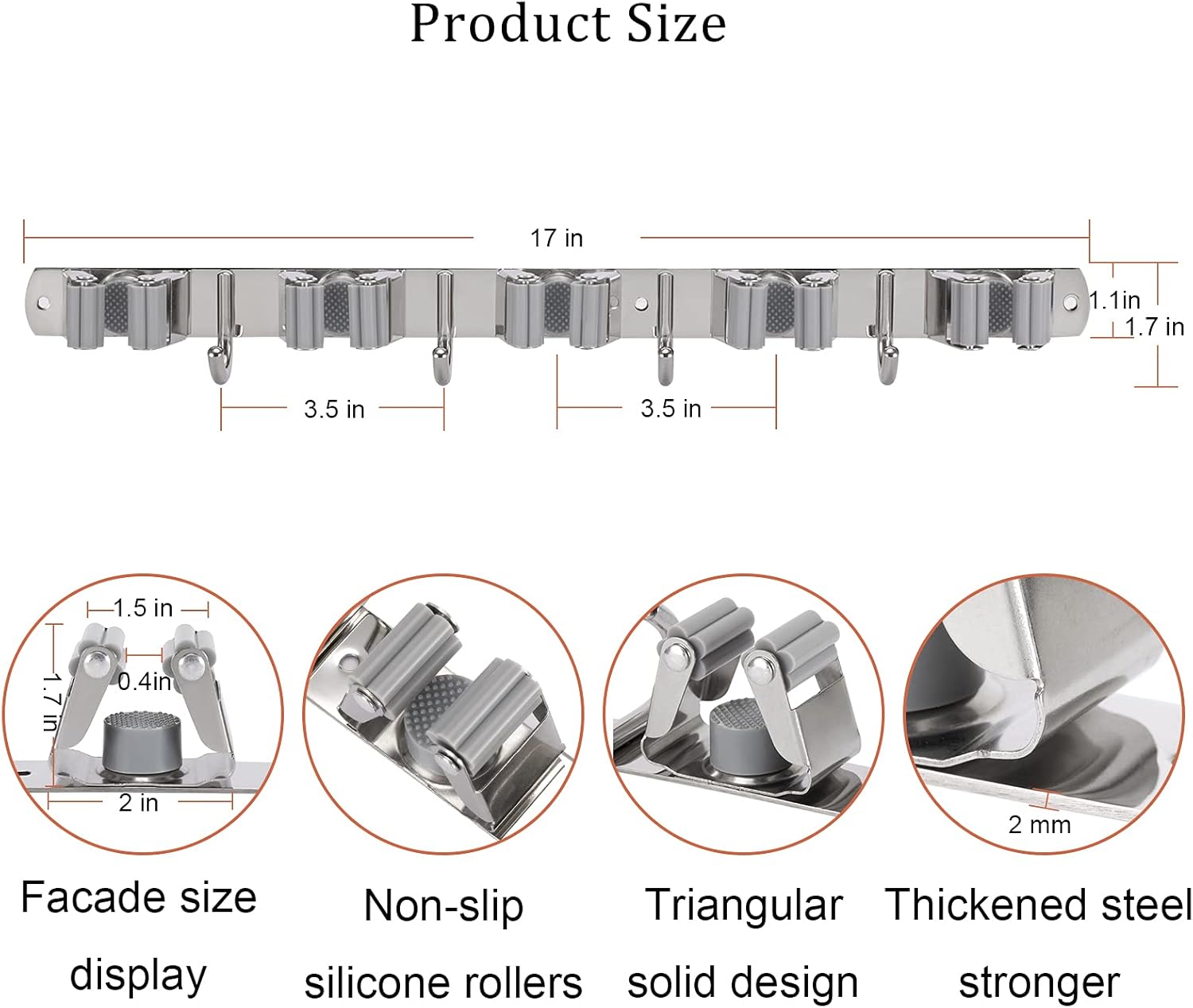 Mop and Broom Holder Wall Mount, Broom Hanger Wall Mount, 17" Mop Holder Stainless Steel with 5 Rack 4 Hooks for Home, Kitchen, Laundry Room, Garage, Garden, Bathroom, and 1 hook Separated included