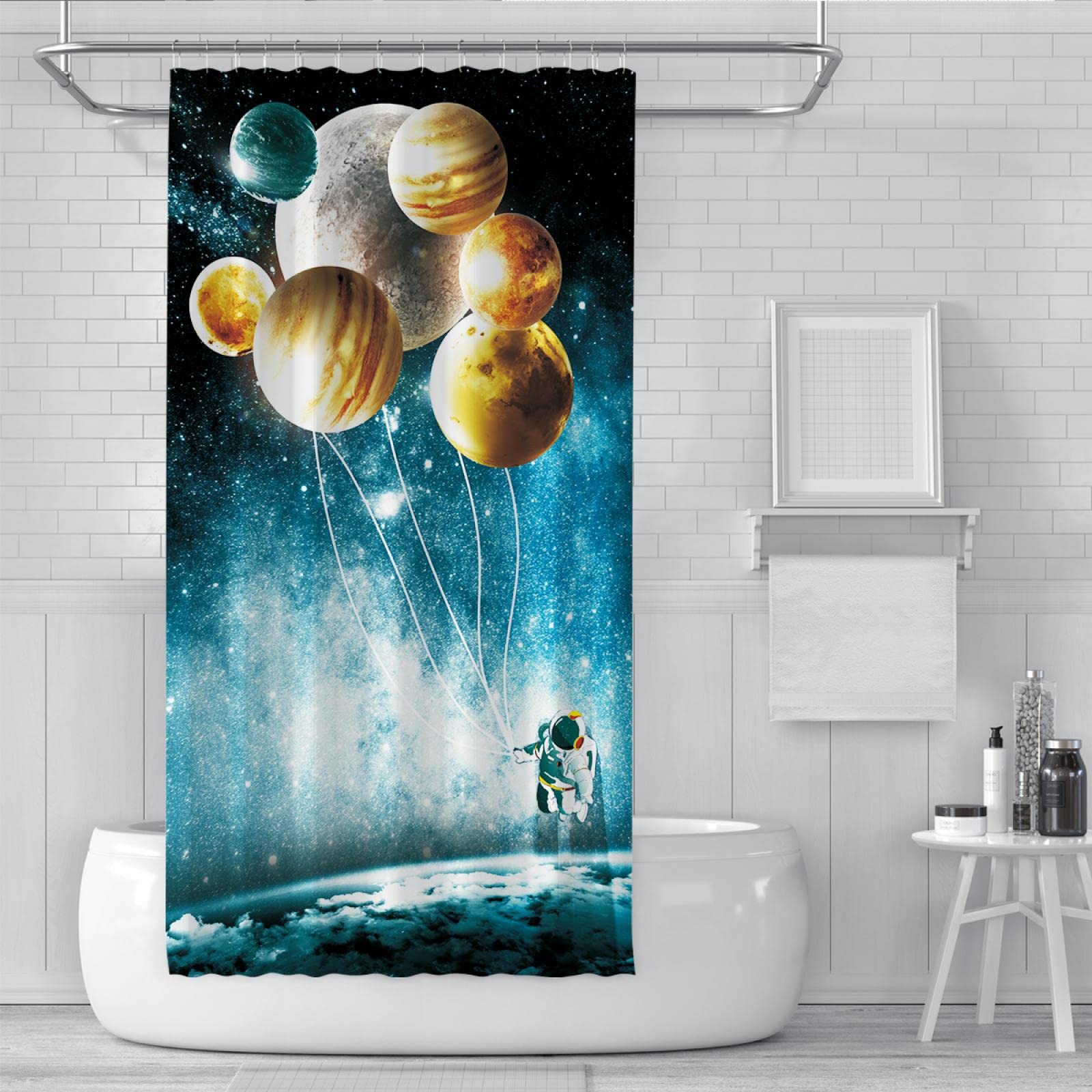 Cosmic Planet Duschvorhang Astronaut Duschvorhänge Set mit 12 Haken Wasserdicht Schnell trocknend Kind/Kinder Badezimmer Vorhang Dekor W200xL200cm