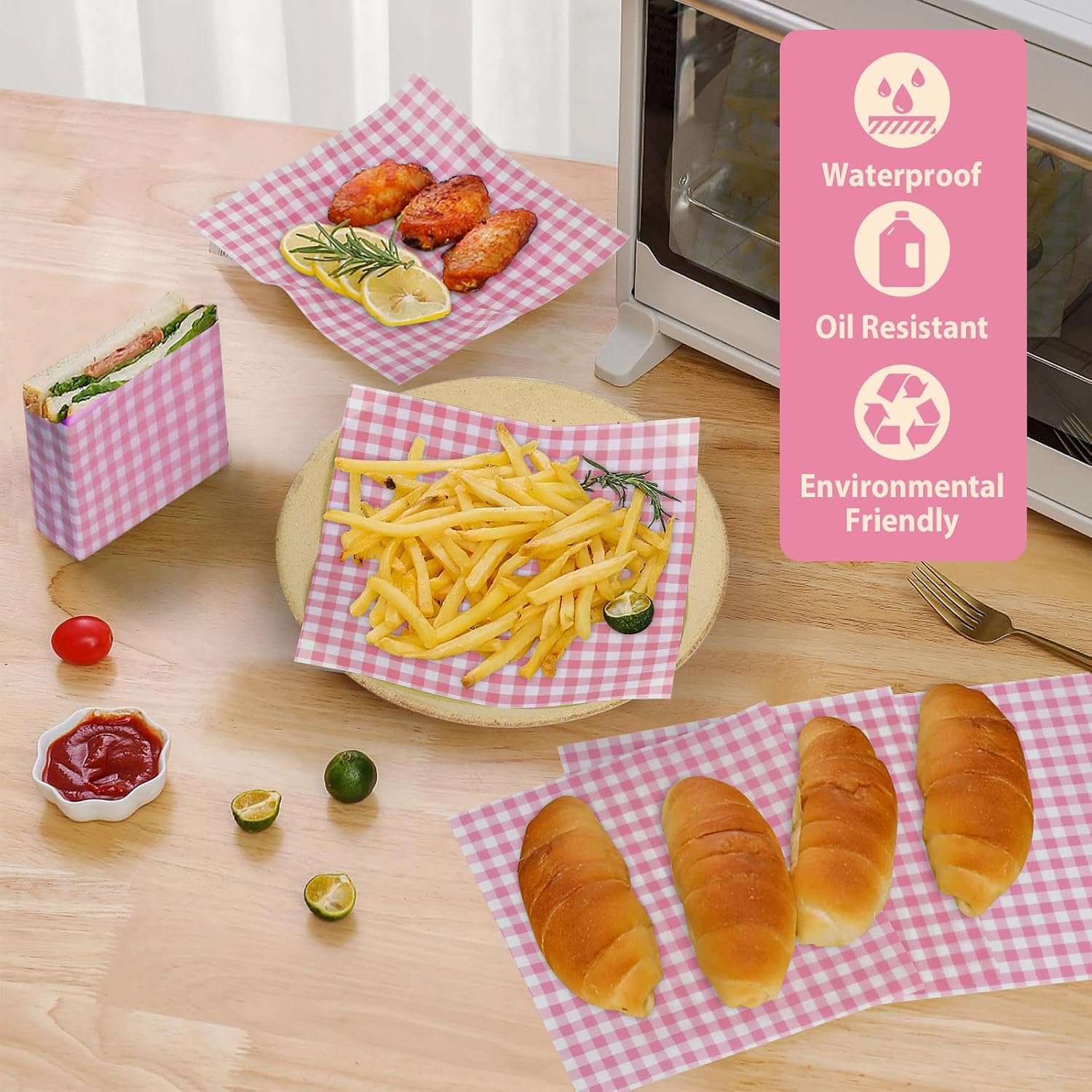 100 PCS Checkered Waxed Deli Paper Sheets 7 * 7 Inch, Food-grade Greaseproof Paper Food Basket Liners for Sandwiches, Burgers, Fries Wrapping for Party, Festival and Outdoors - Pink