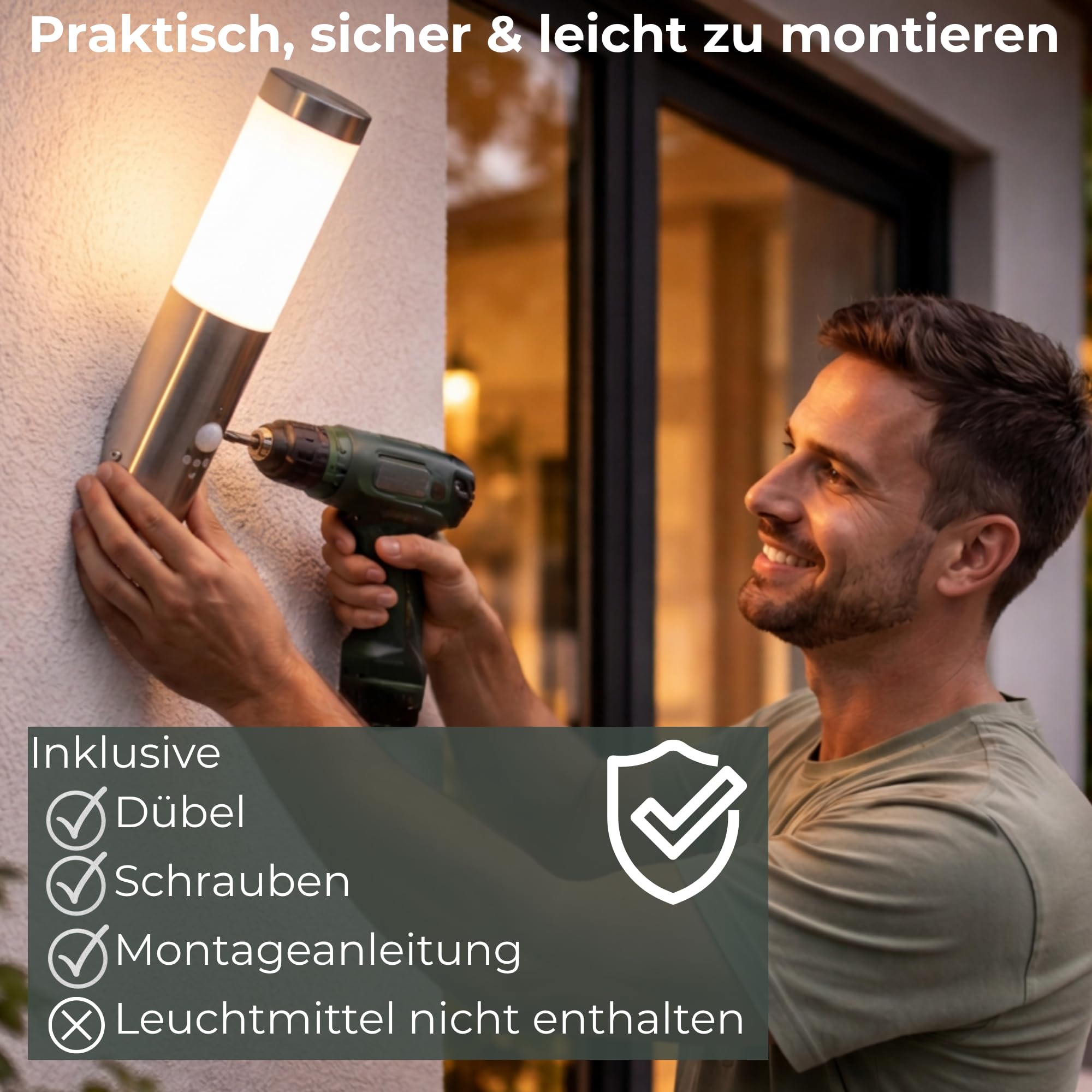 Novatool 2x Wandleuchte Aussen Edelstahl mit Bewegungsmelder I IP44 I E27 Sockel I Ø7x8H36 cm I Außenlampe Balkon Außenleuchte Außenbeleuchtung Haus Wandleuchte Aussenbeleuchtung Gartenleuchte