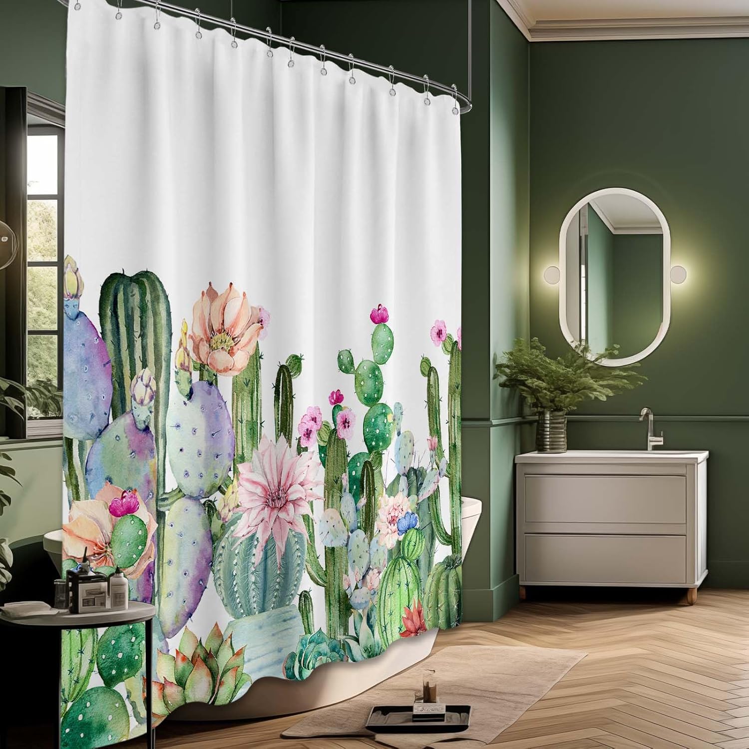 Cactus Shower Curtain Green Succulent Plant Desert Shower Curtains for Western Bathroom Decor Sets, Waterproof Cloth Fabric with Hooks, 70x78 Inch