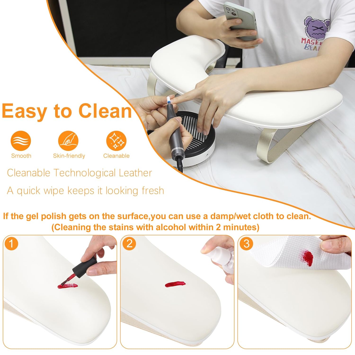 Arm Rest for Nails Tech,U Shaped Manicure Arm Rest Stand with Aluminum Alloy Hand Rest Holder,Cleanable Leather Nail Hand Rest Pillow for Acrylic Nails Art Salon(White)