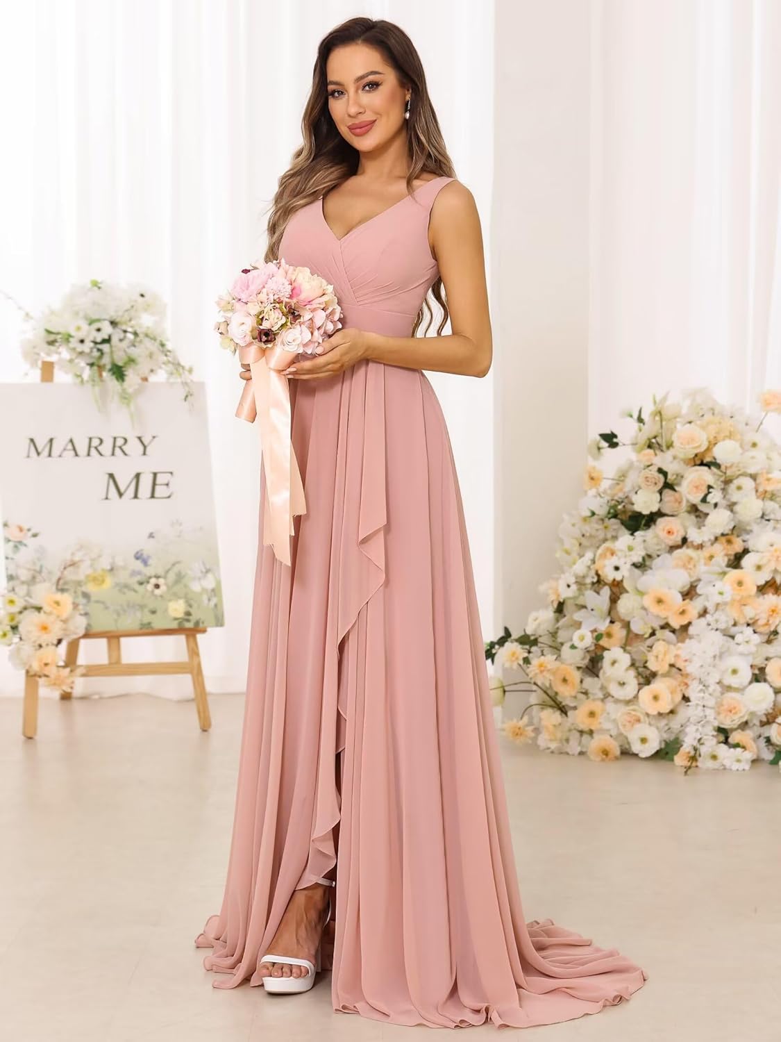 Women's Chiffon V Neck Bridesmaid Dresses with Split Long Ruffle Formal Party Dress PUS066