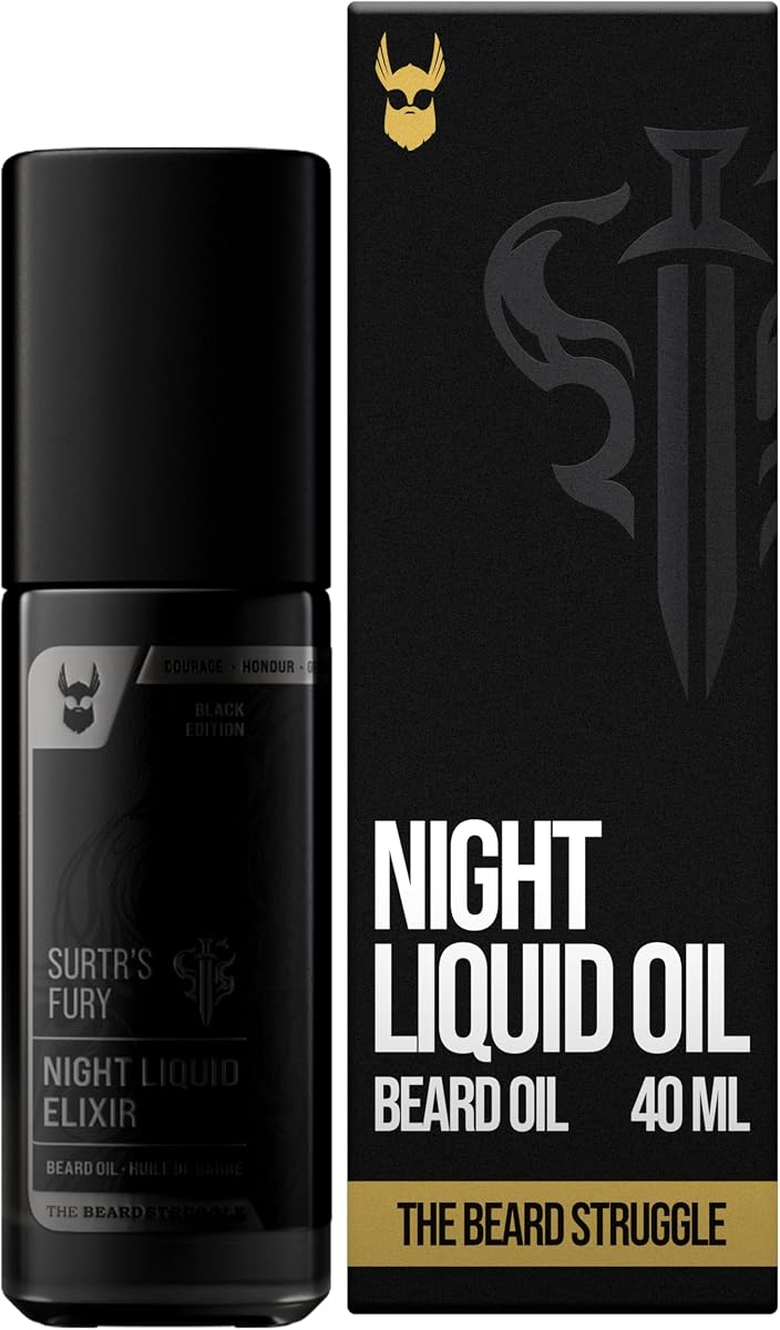 The Beard Struggle Night Liquid Elixir Beard Oil - Colección Platinum - Surtr's Fury (1.35 Fl oz) - Aceite para barba para hombres - Mezcla natural para suavizar, hidratar y un crecimiento más saludable de la barba