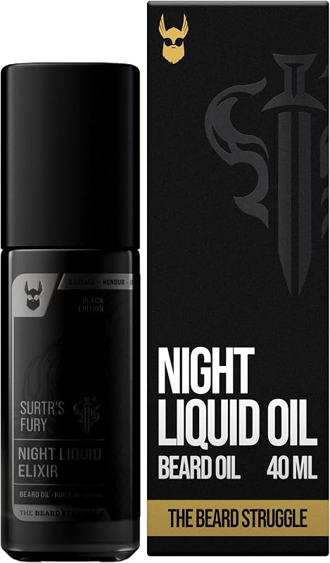 The Beard Struggle Night Liquid Elixir Beard Oil - Colección Platinum - Surtr's Fury (1.35 Fl oz) - Aceite para barba para hombres - Mezcla natural para suavizar, hidratar y un crecimiento más saludable de la barba