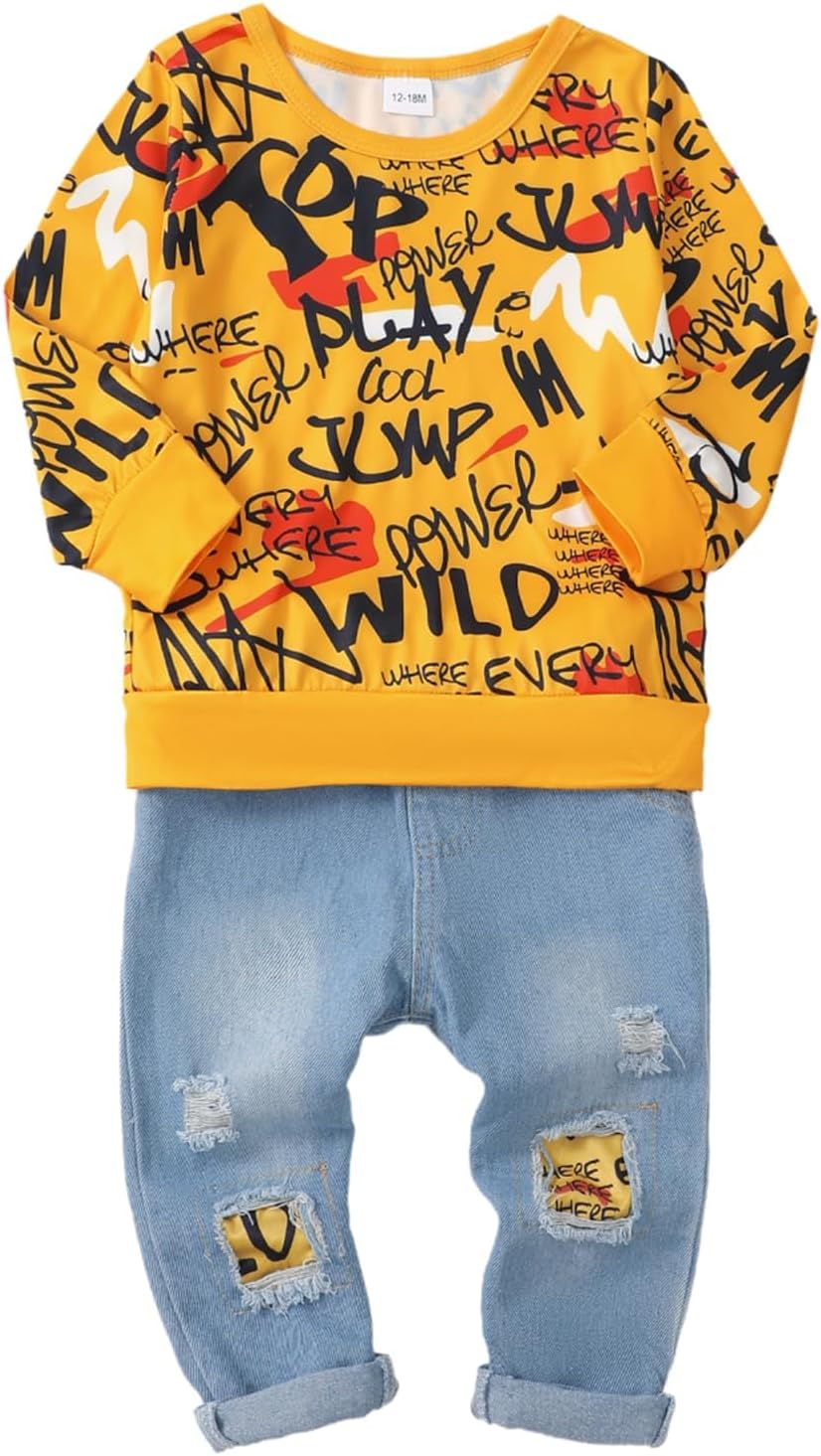 Toddler Baby Boy Clothes Fall Winter Outfits Long Sleeve Letter Printed Sweatshirt Pullover Tops + Jean Pants Set