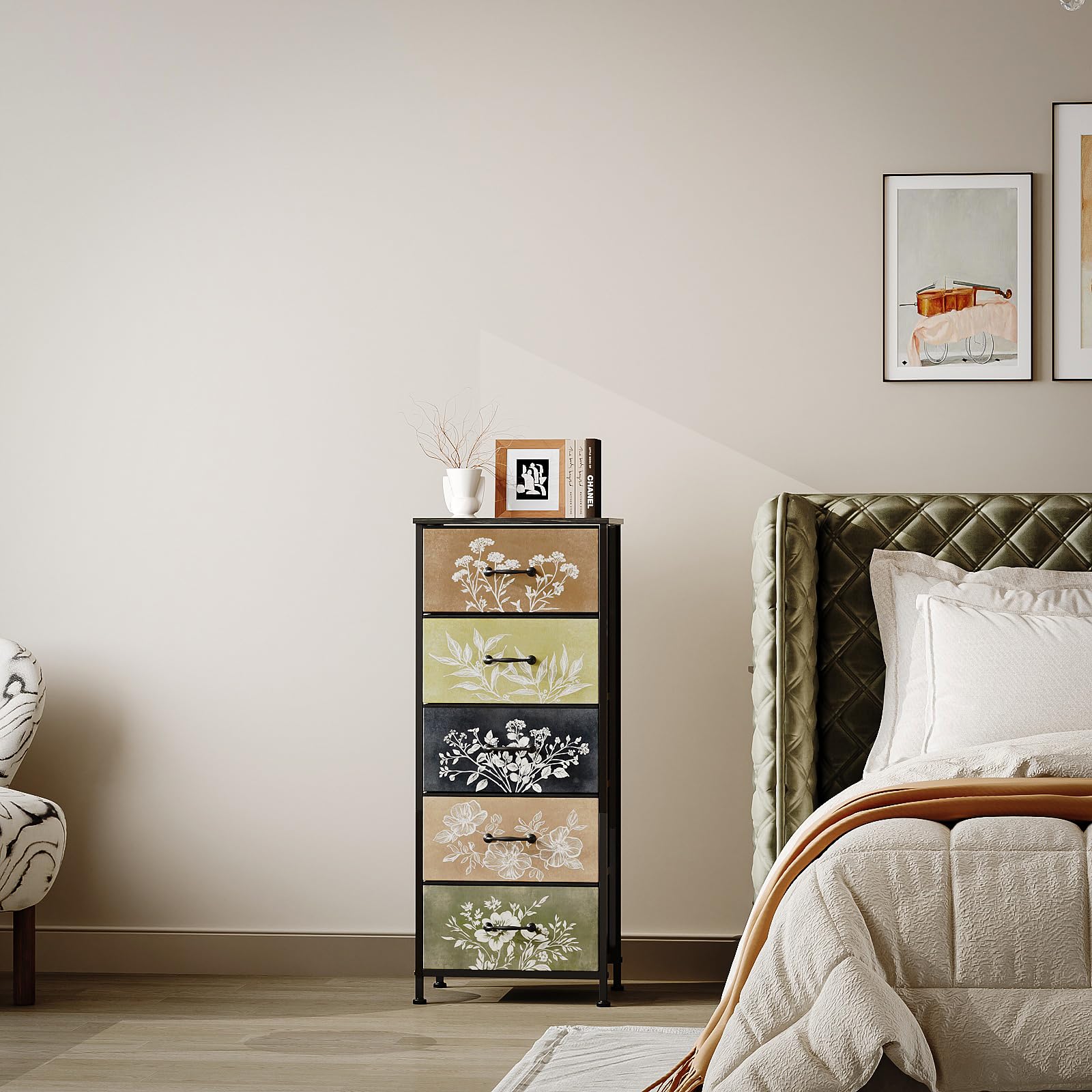 Cajonera de tela con 5 cajones de tela con diseño floral para dormitorio, sala de estar, habitación infantil y pasillo
