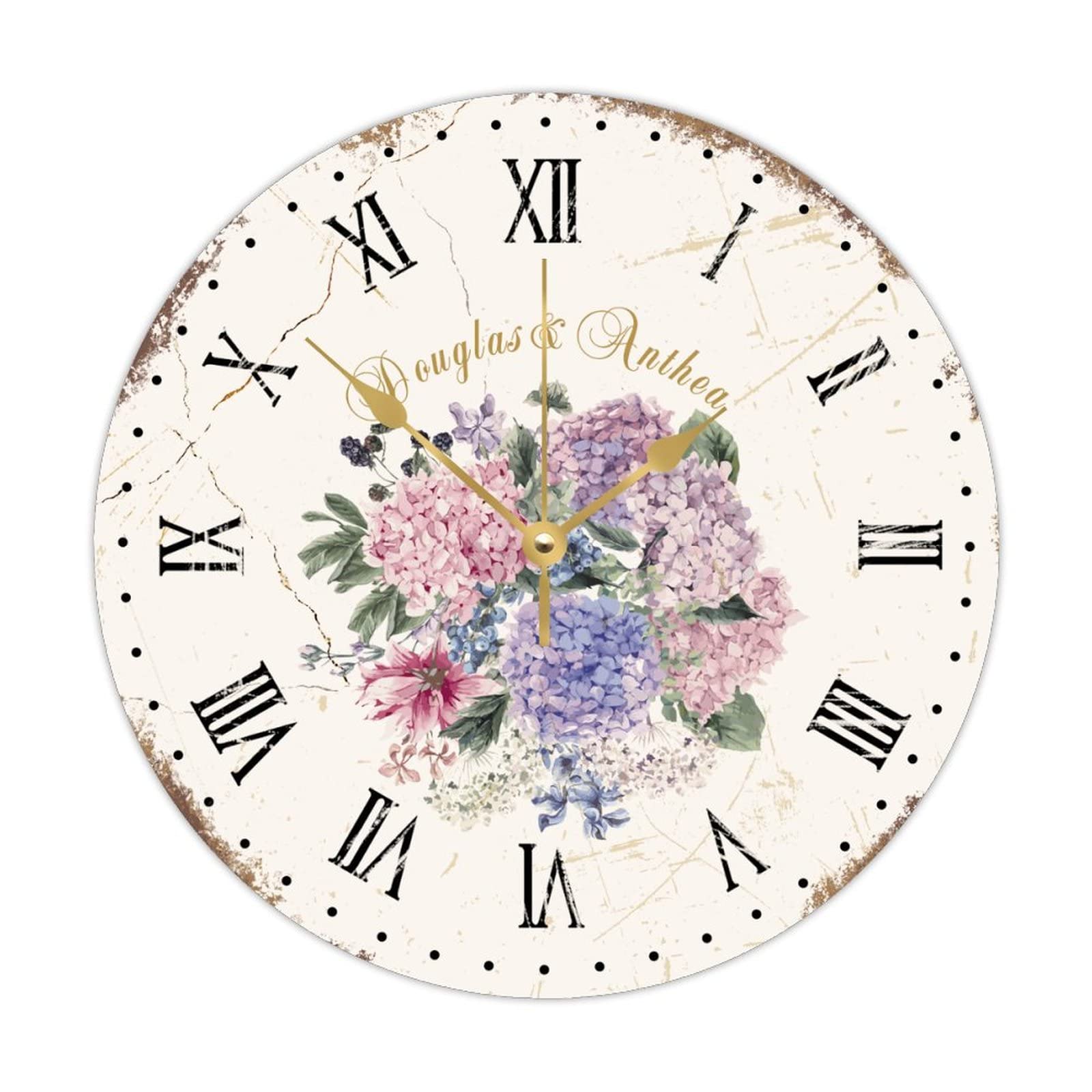 Horloge murale vintage en bois fleurie 38 cm pour cuisine chic