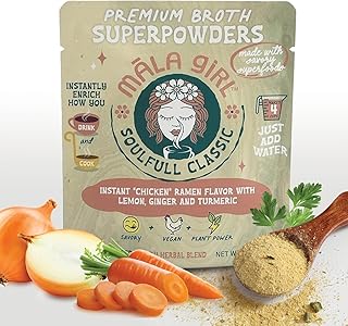 Māla Girl Vegan Chicken-Style Superfood Broth Powder, Soulfull Classic Instant Soup & Bouillon Base, Lemon, Ginger & Turmeric Plant-Based Broth for Ramen, Soups, Cooking & On-the-Go Comfort, 4-6 Servings