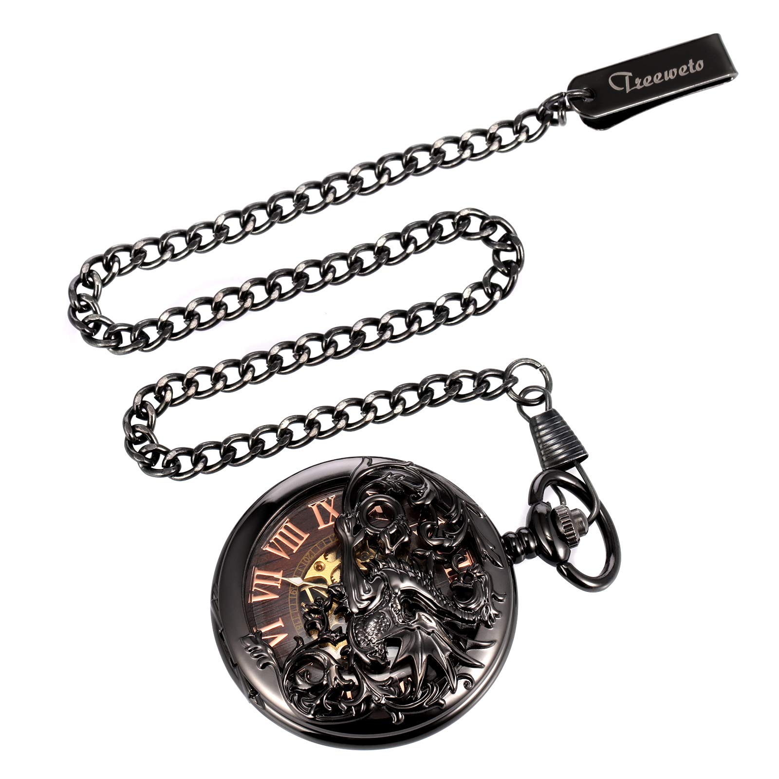 TREEWETO Reloj de bolsillo mecánico de dragón antiguo para hombre, color negro y bronce, doble caja con cadena