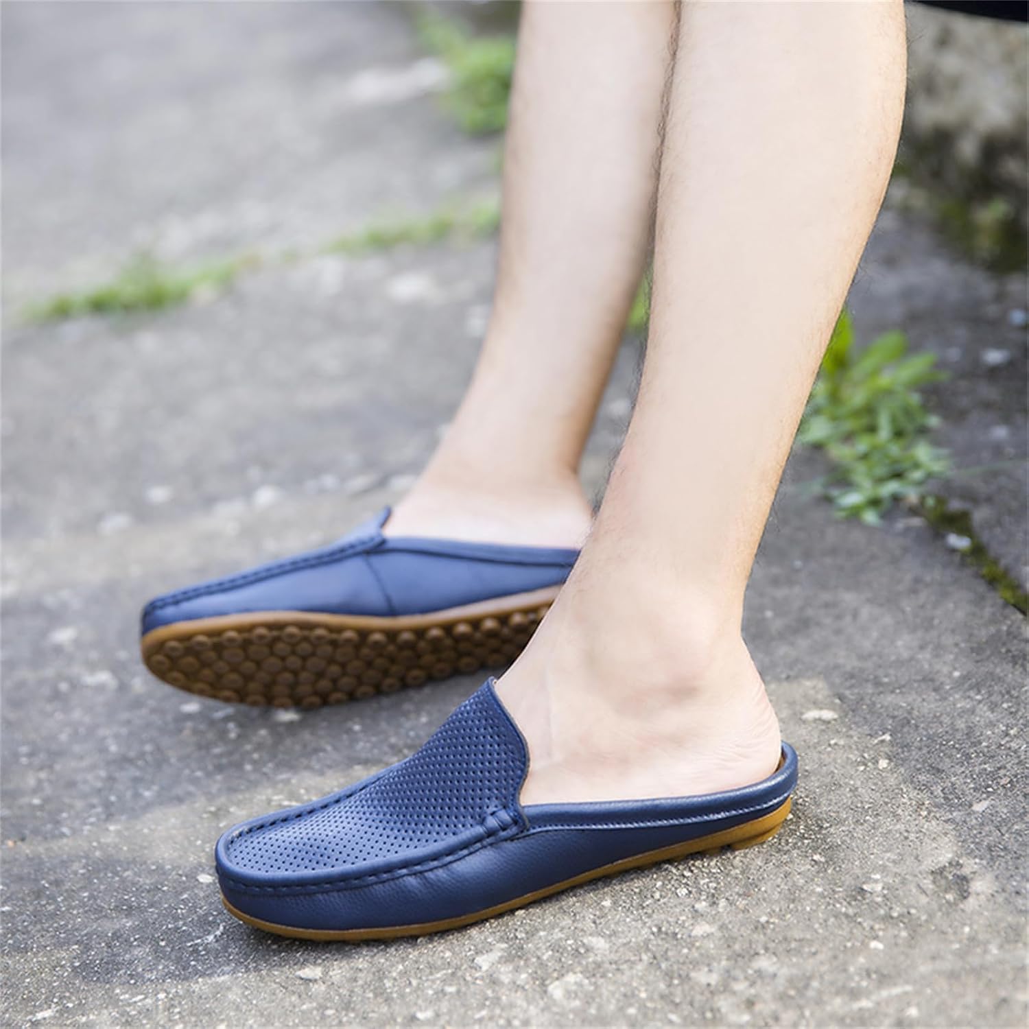Men's Hollow Leather Slip On Mules Clog Slippers Casual Round Toe Backless Flat Loafers Dress Shoes for Walking Wedding