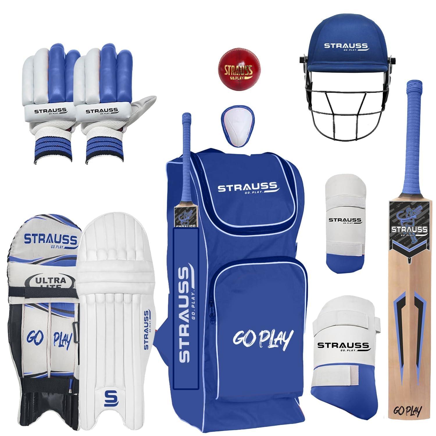 Strauss Kashmir Willow Right Hand Leather Cricket Kit | Size: Full Size | Ideal for Age 13+ | Cricket Accessories for Boys | for Training & Matches | Set of 9 | Includes Leather Cricket Ball, (Blue) (B0D7VXXP37) Amazon Price History, Amazon Price Tracker
