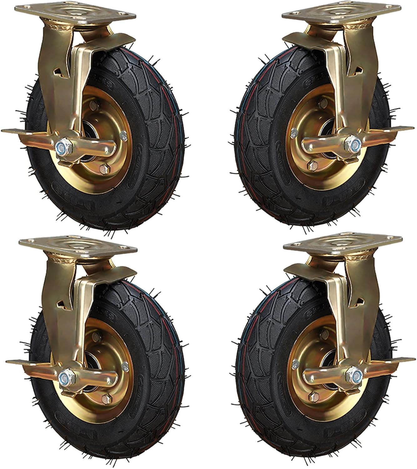 4 Pieces Heavy Duty Rubber Caster Wheels; 8/10Inch Pneumatic Caster Wheel with Side Brakes