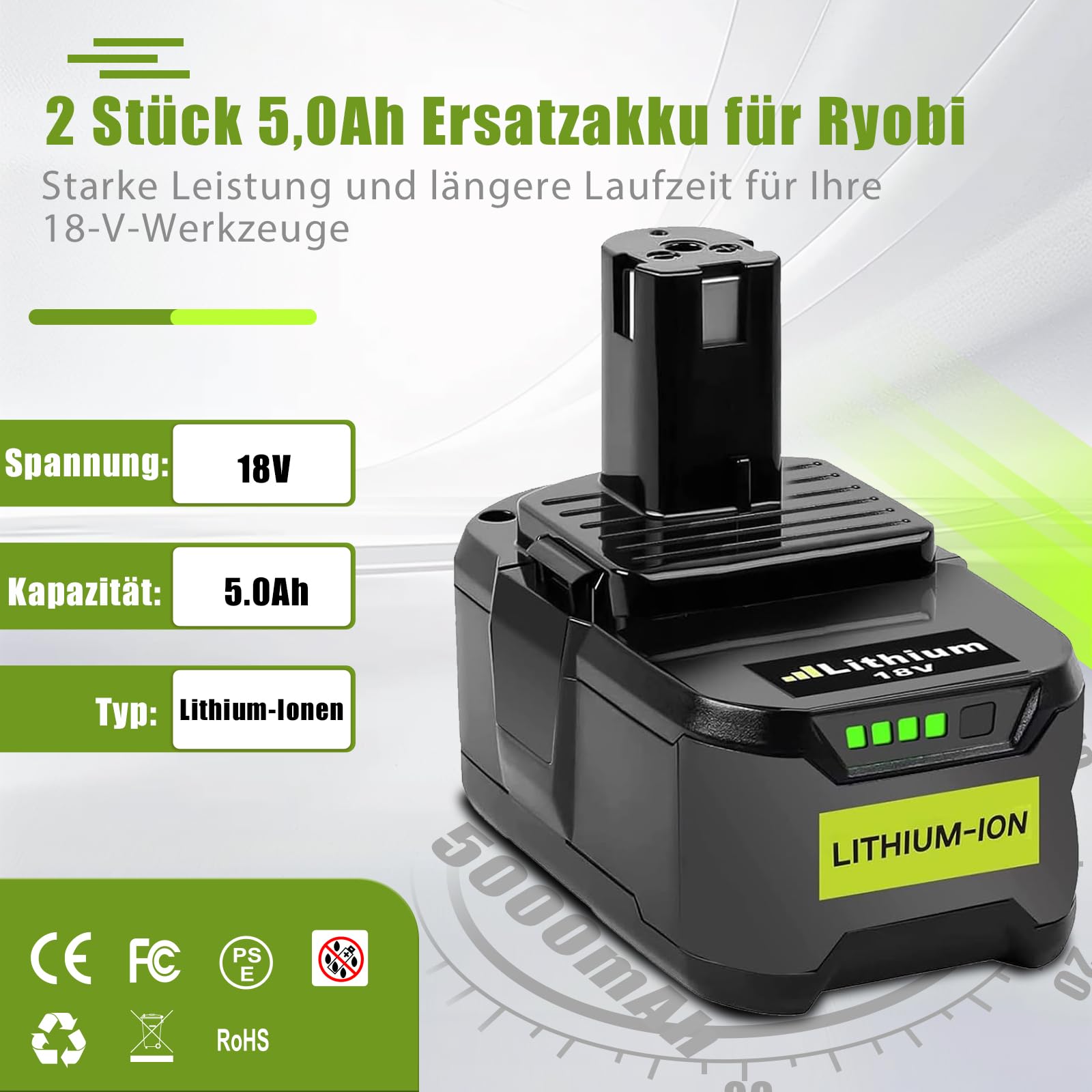 2 Packs 18V 5,0Ah Batterie de Remplacement pour Ryobi 18V One + Batterie pour Ryobi Compatible avec P108 P107 P105 P104 P102 RB18L13 RB18L15 RB18L25 RB18L40 RB18L50