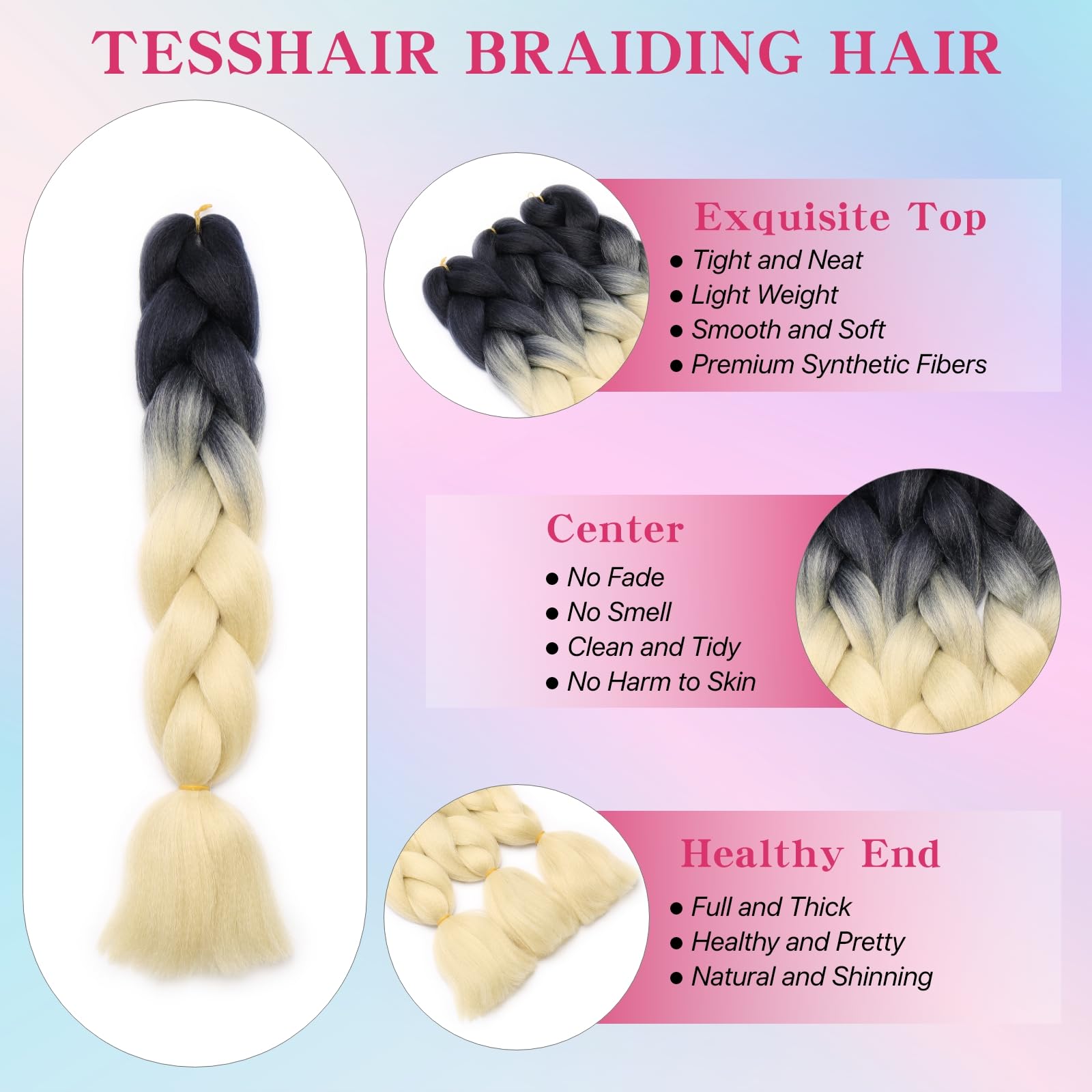 tesshair Braiding Hair Extensions 24 Inch Jumbo Braiding for Twist Braiding Synthetic Fashion Braids Extensions Hair Natural Braid Extensions for Women Grils (Black/Light Blonde - Image 4