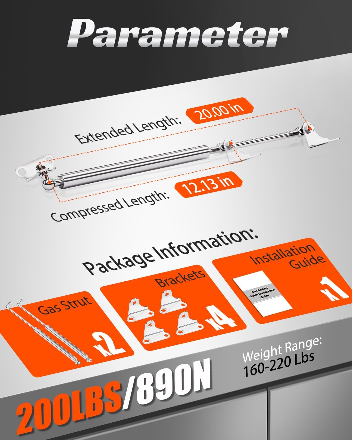 20 inch 200lbs Gas Struts for Heavy lid RV Bed Lift Kit, Stainless Steel 20" 890 N Gas Spring Prop with L-Type Mounts for Boat Cover/Engine Hood RV Bed TV Cabinet, 2 Pack