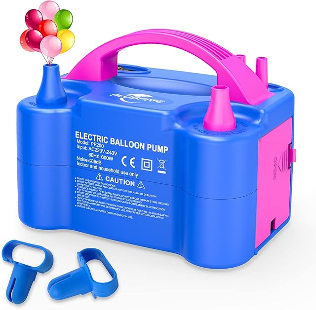 PlusFive Electric Balloon Pump, Portable Dual Nozzle AC220-240V 600W Balloon Pump and Knotter, Electric Balloon Air Inflator Pump for Wedding, Birthday Party Decorations