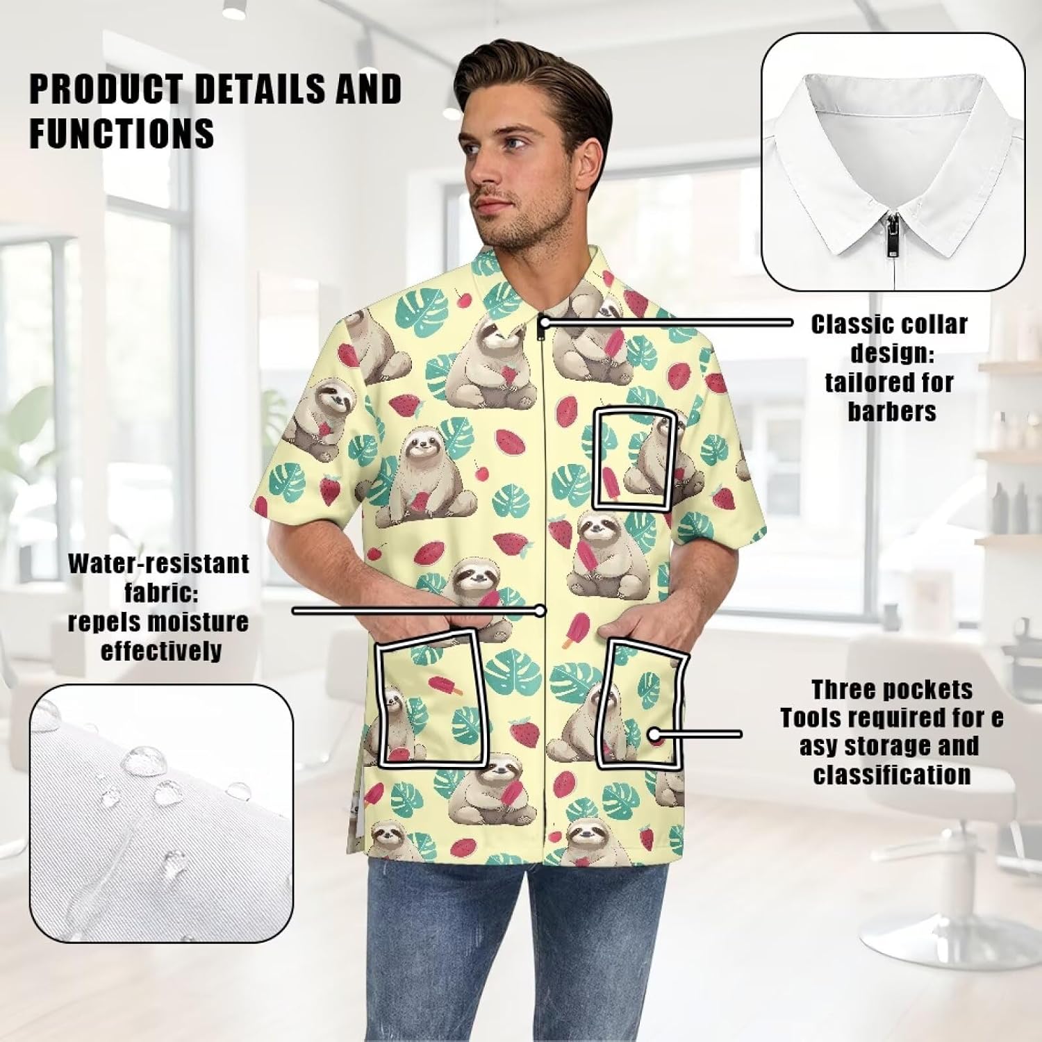 Men Women Barber Work Coat Waterproof Fabric Salon Stylist Tunic Uniform with Pockets for Hairdresser Vet Pet Groomer