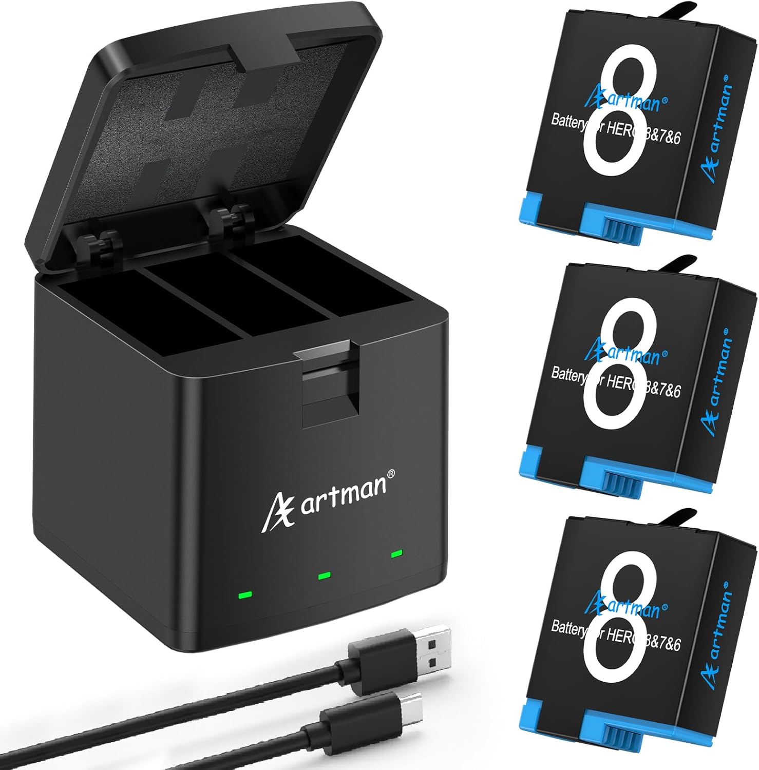 A Artman Battery 1500mAh for GoPro Hero 8/7/6/5 Black and 3-Channel LED USB Charger Fully Compatible with GoPro Hero 8 Battery and Charger (3-Pack)