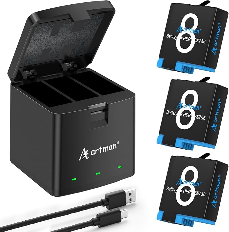 A Artman Battery 1500mAh for GoPro Hero 8/7/6/5 Black and 3-Channel Charger | 3 Pack Batteries with LED USB Charger Fully Compatible with GoPro Hero 8/7/6/5 Battery and Charger