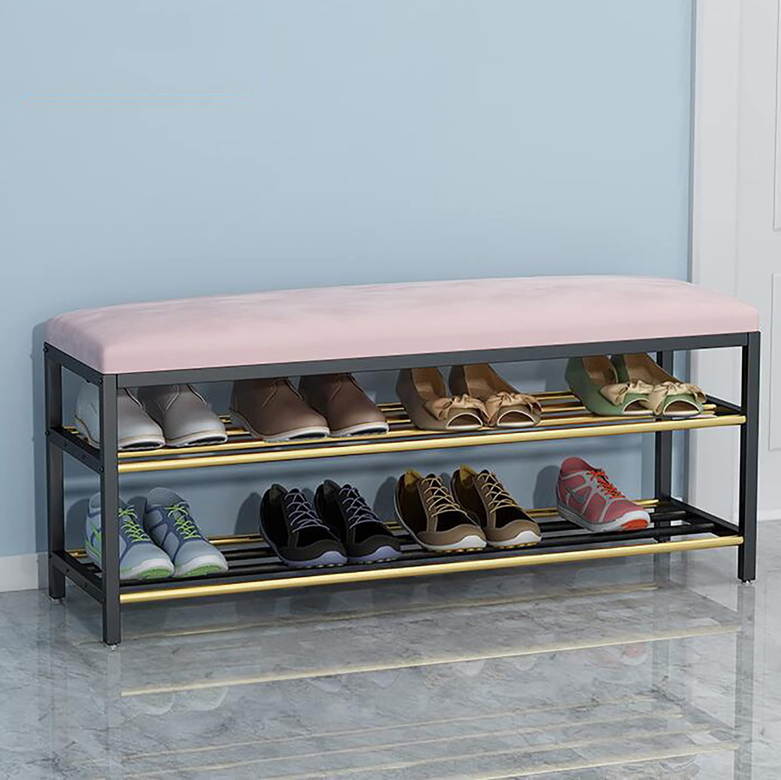 MYUYEE Shoe Storage Bench Ottoman Storage Benches Entryway Shoe Bench With Storage,2 Tier Metal Shoe Rack With Faux Leather Seat,Upholstered Shoe Storage Orga For Hallway Bedroo(Pink-100X30X45Cm)