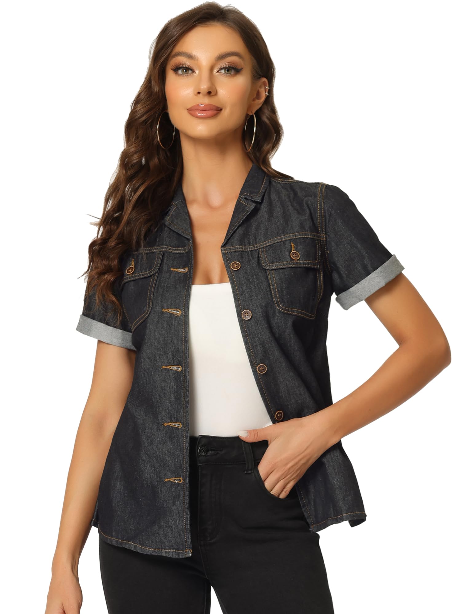 Allegra K Damen Bluse Kurzarm V-Ausschnitt Knopfleiste Brusttasche Jeanshemd Oberteil Shirt