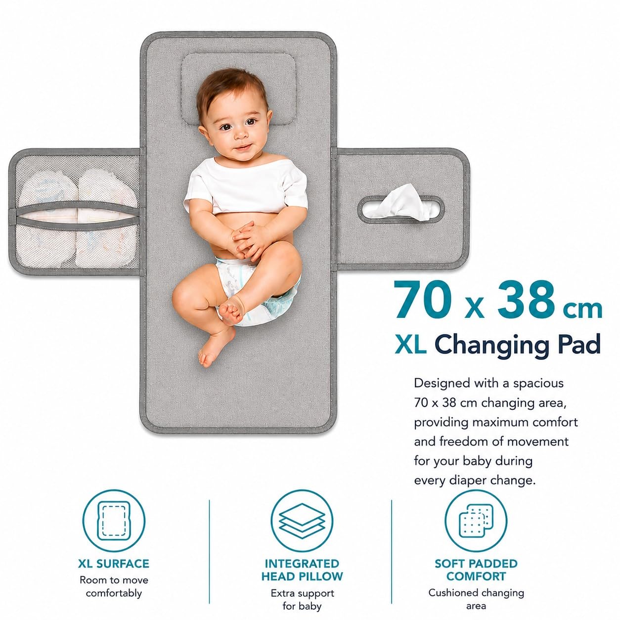Wickelunterlage für unterwegs kompakte Wickelauflage XL - Kombinierbare abnehmbare Wickeltasche mit 6 Fächern, Tuchspender und bequemes Kissen für den Kopf Ihres Babys (Grau).