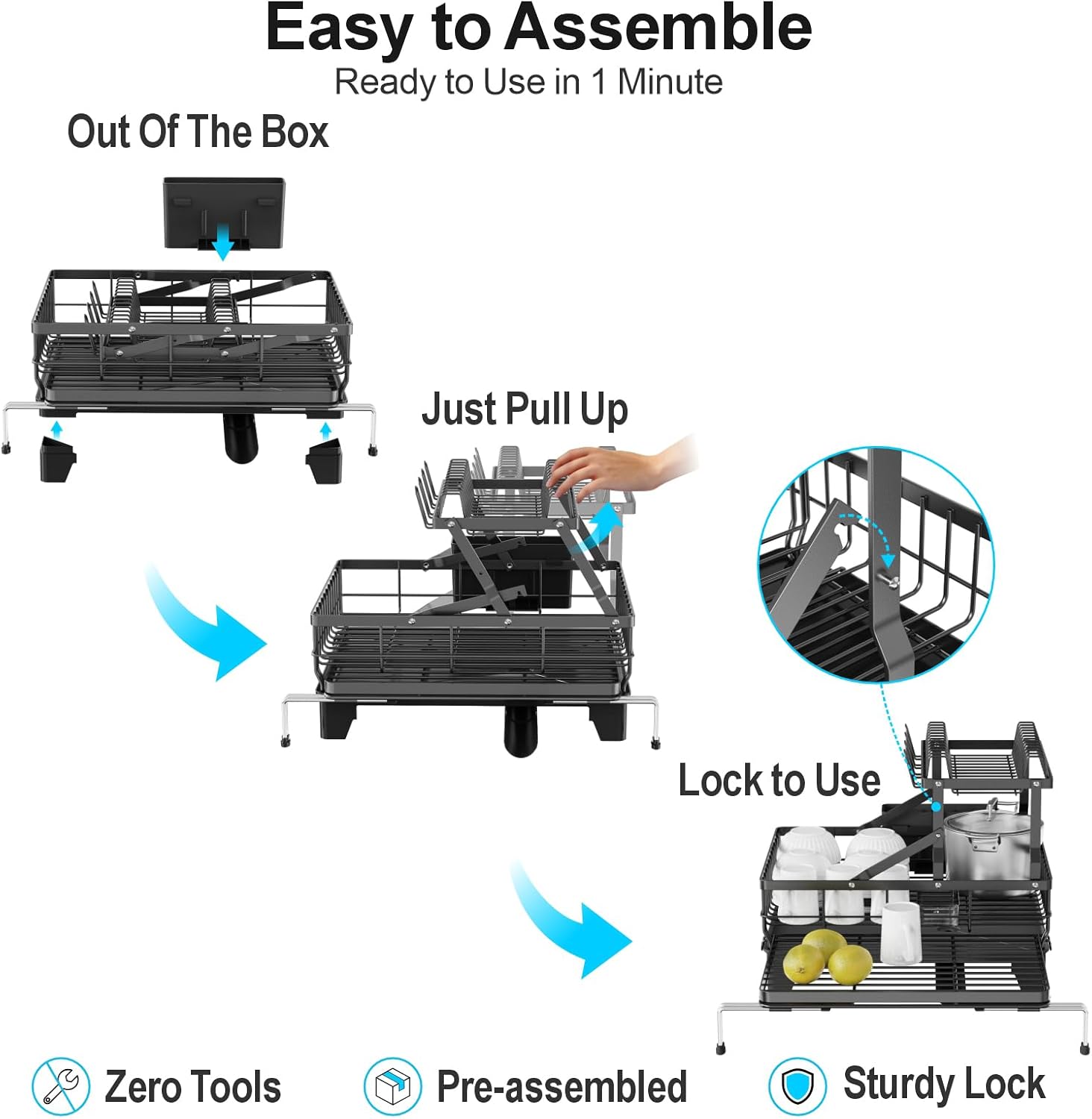 GSlife Large 2 Tier Dish Drying Rack, Expandable Heavy-Duty Dish Rack for Kitchen Counter, Rust-Resistant Dish Drainer with Utensil & Cup Holder, Auto-Drain, 16.9" W x 14.4"-22.4" L, Black