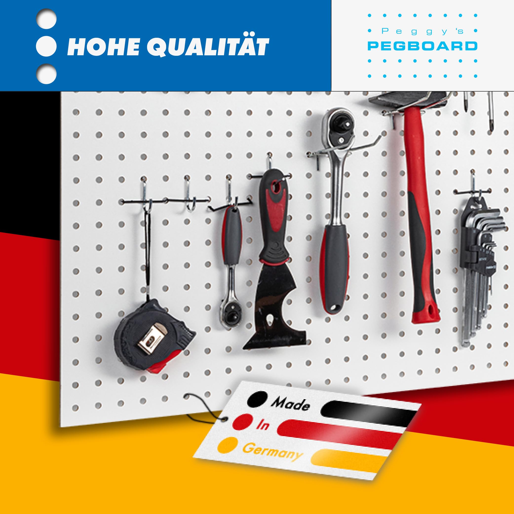 Pegboard MIDI - Panel de herramientas de madera (MDF) 100 x 60 x 0,5 cm, diámetro de 7 mm, distancia entre orificios de 25,4 mm, lacado blanco, fabricado en Alemania