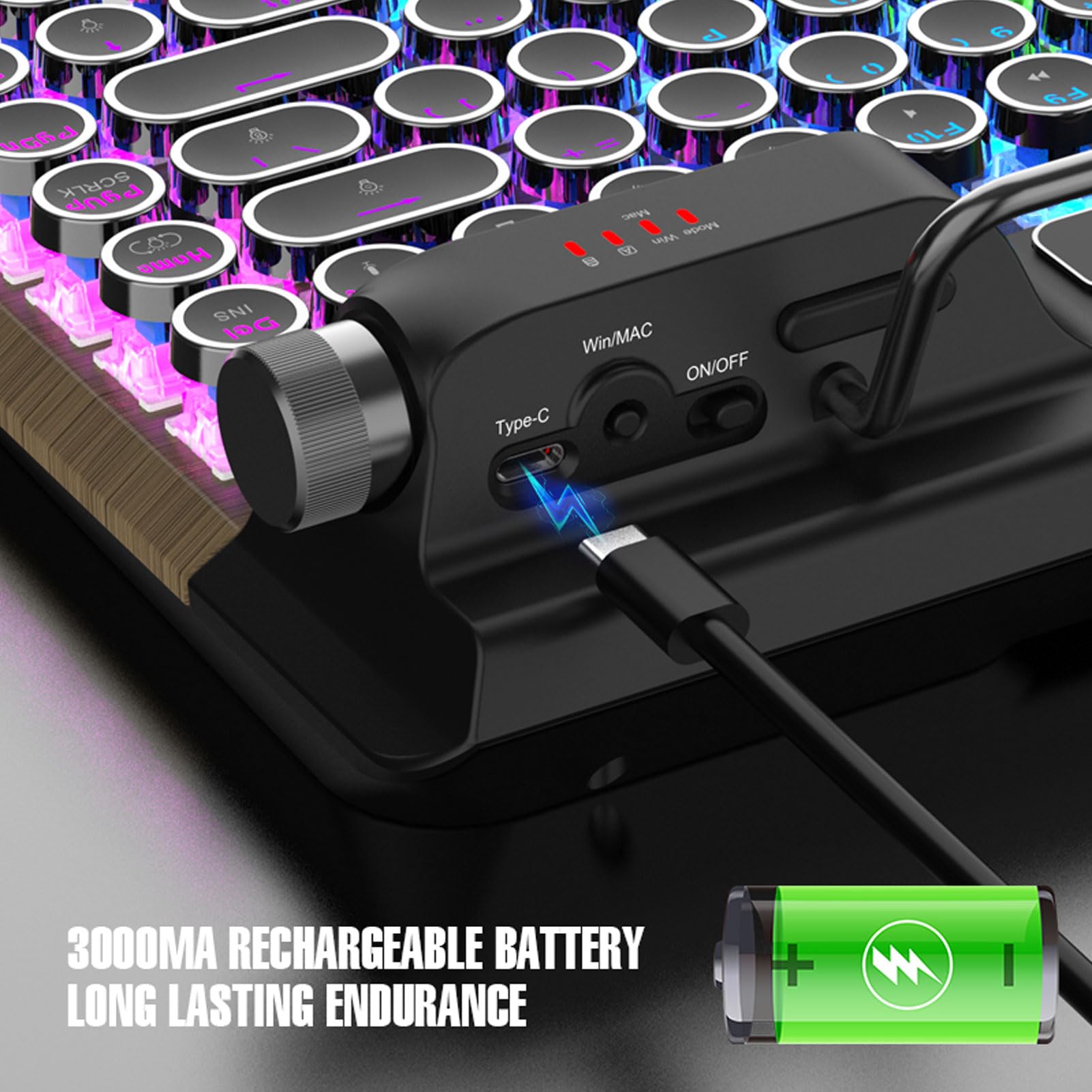VBESTLIFE Retro Maszyna do Pisania Bezprzewodowa Klawiatura Gier Mechanicznych z Bluetooth 5.0, 84 Klawisze, Niebieskie Przełączniki, Punkowa Okrągła Keycap, Podświetlenie RGB, Odpoczynek