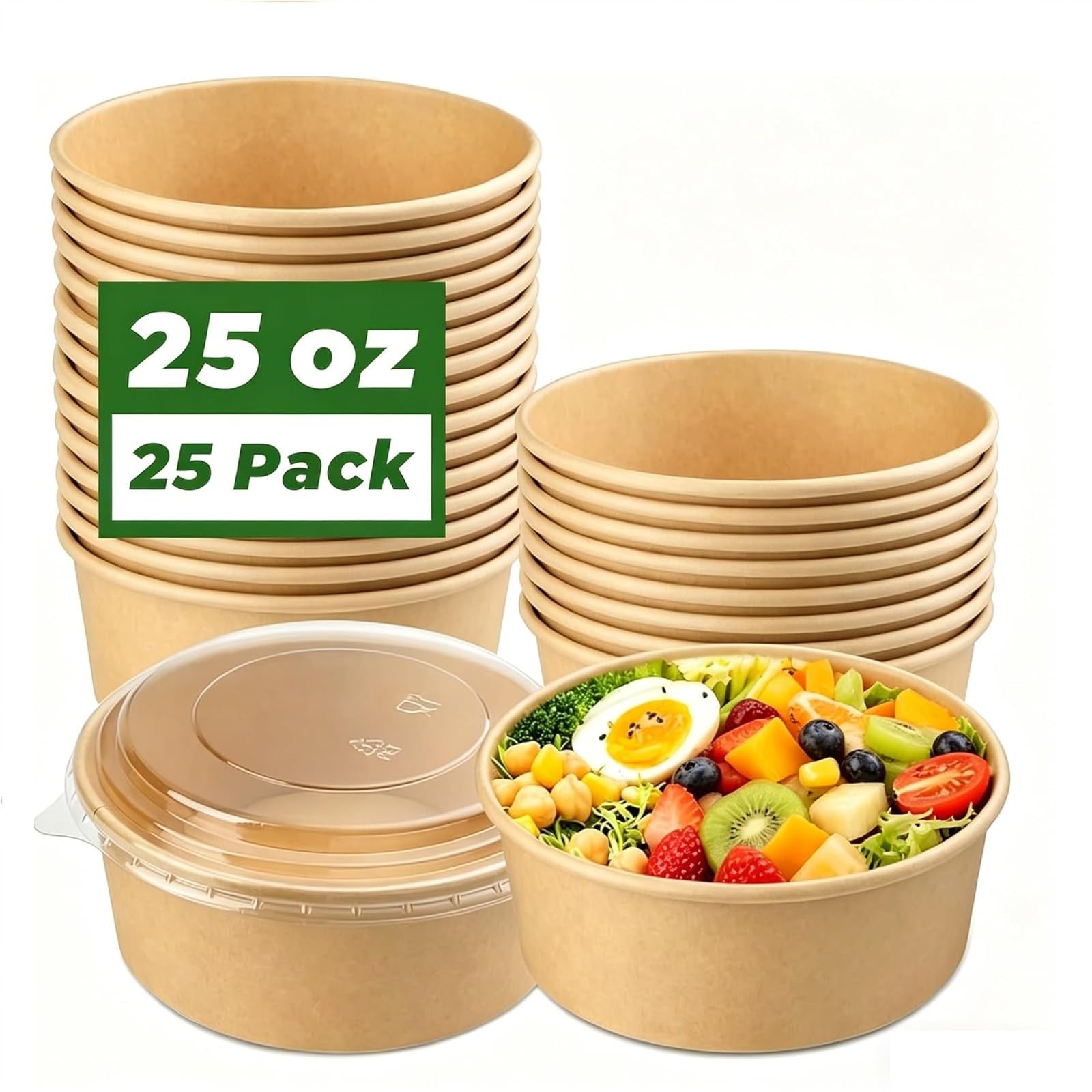 Lot de 25 récipients alimentaires jetables avec couvercles transparents, 750 ml, récipients alimentaires avec couvercle, adaptés pour salades de régime, glaces, yaourts et autres aliments.