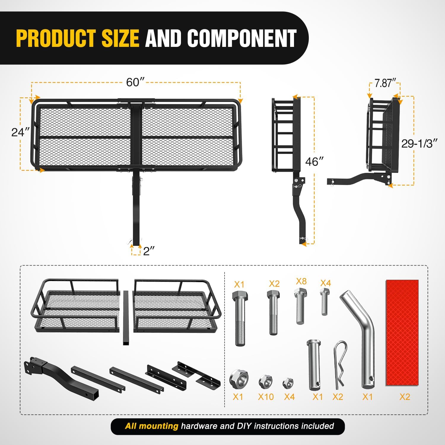 Nilight 60" x 24"x 7.87" Carrier & 5/8" Pin Clip Fits 2-Inch Receiver 500 Lbs Heavy Duty Capacity Luggage Basket Fold Up for SUV Pickup Camping Traveling image 2