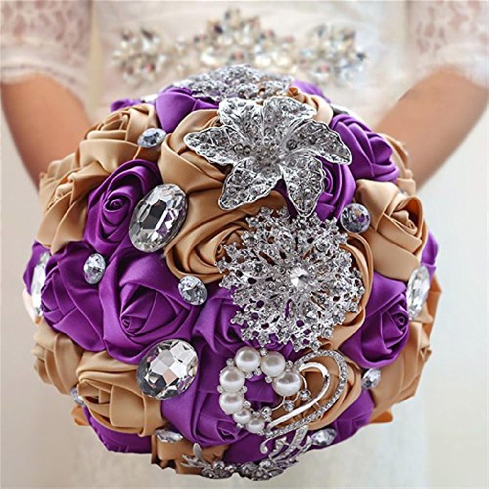 S_SSOY Hand Made Diamond Pearl Satin Roses Bridesmaid Bridal Artificial Bouquets Customization Bride Holding Bouquet Wedding for Photo Shooting, Valentine's Day, Birthday,Creystal Pink