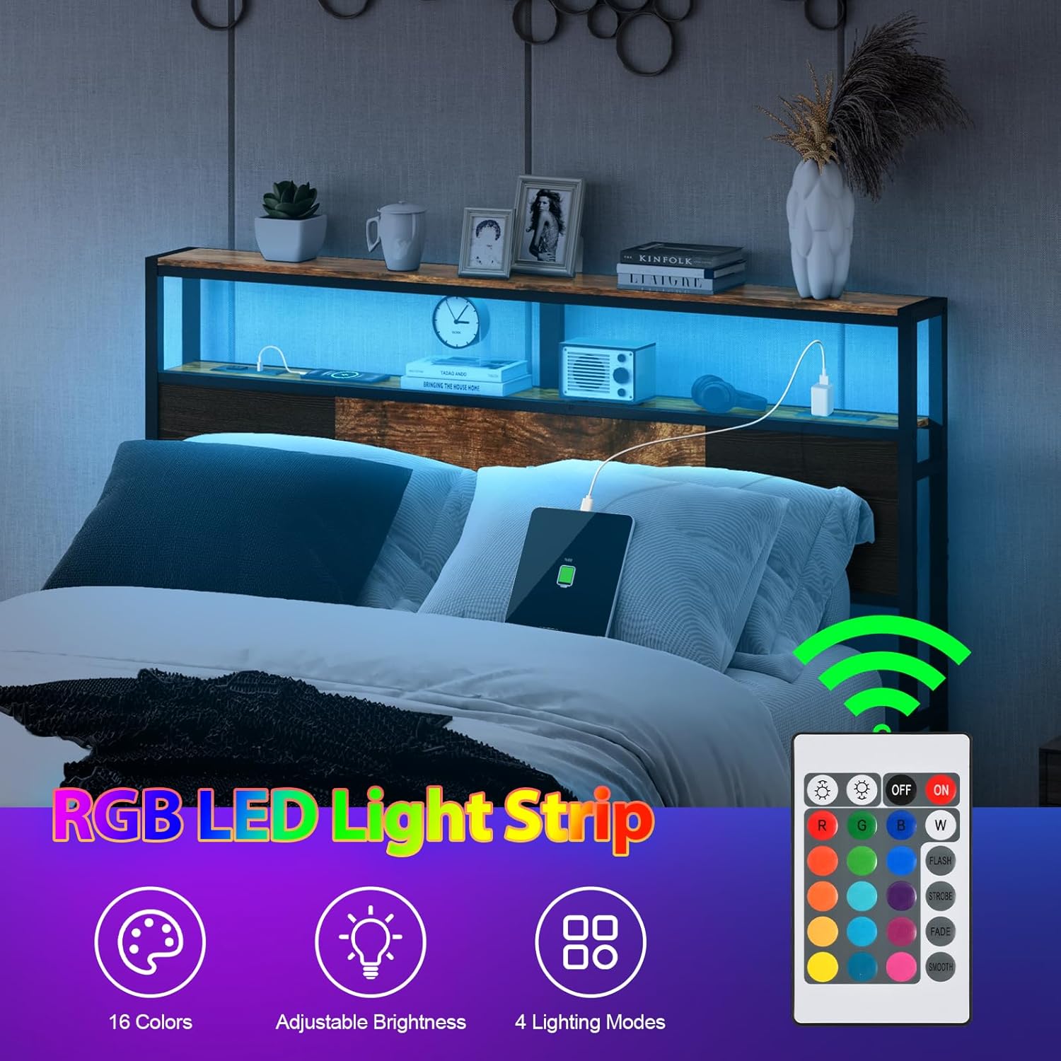 Livofloral Queen Size Headboard, Headboards with Charging Station, USB Port and LED Light, Head Board with 2-Tier Storage Shelf, Adjustable Height, Easy Assembly, Sturdy and Stable, Rustic Brown