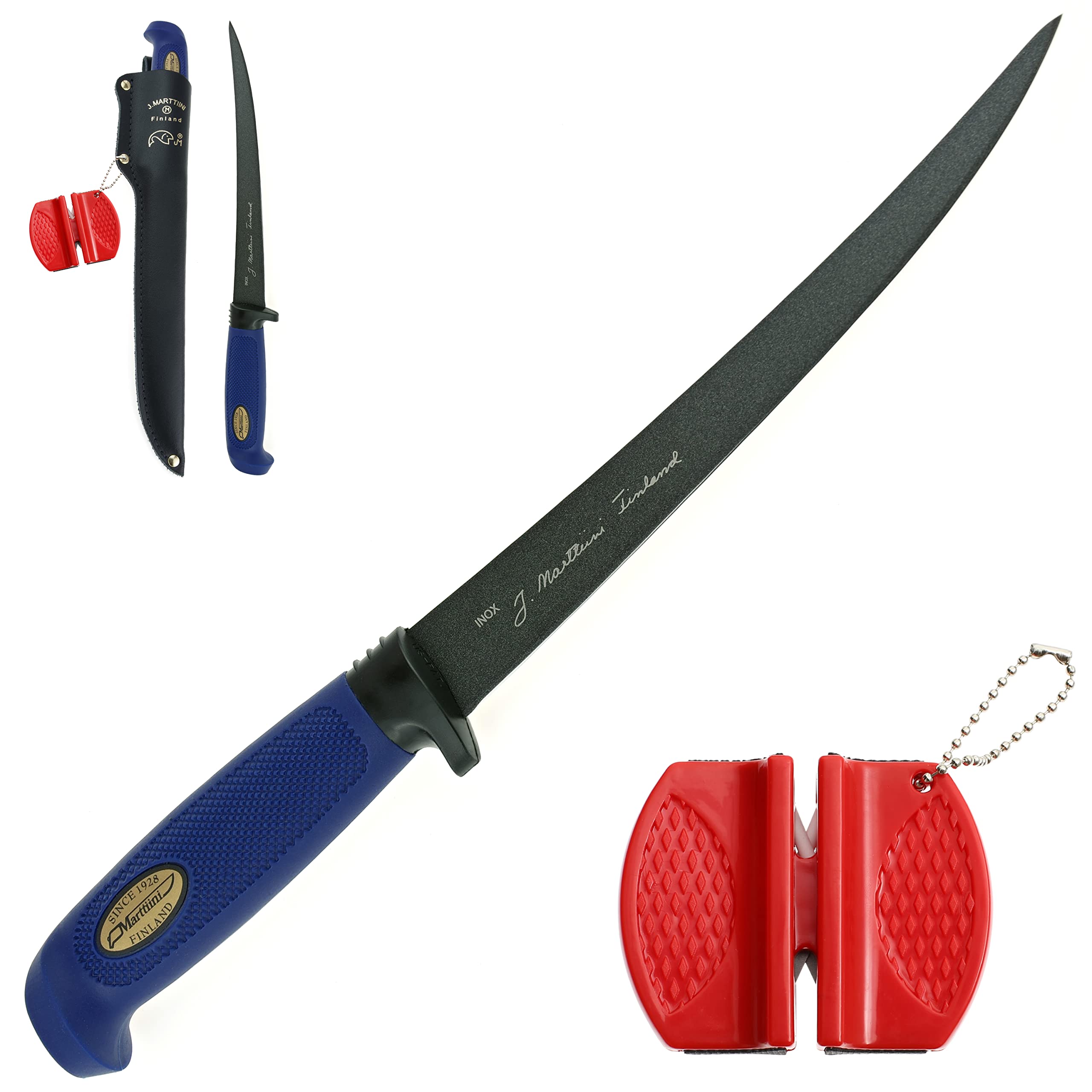 Marttiini Martef, set combinato con coltello per sfilettare da 30,6 cm, rivestito, estremamente affilato e flessibile e affilacoltelli Lansky Crock Stick