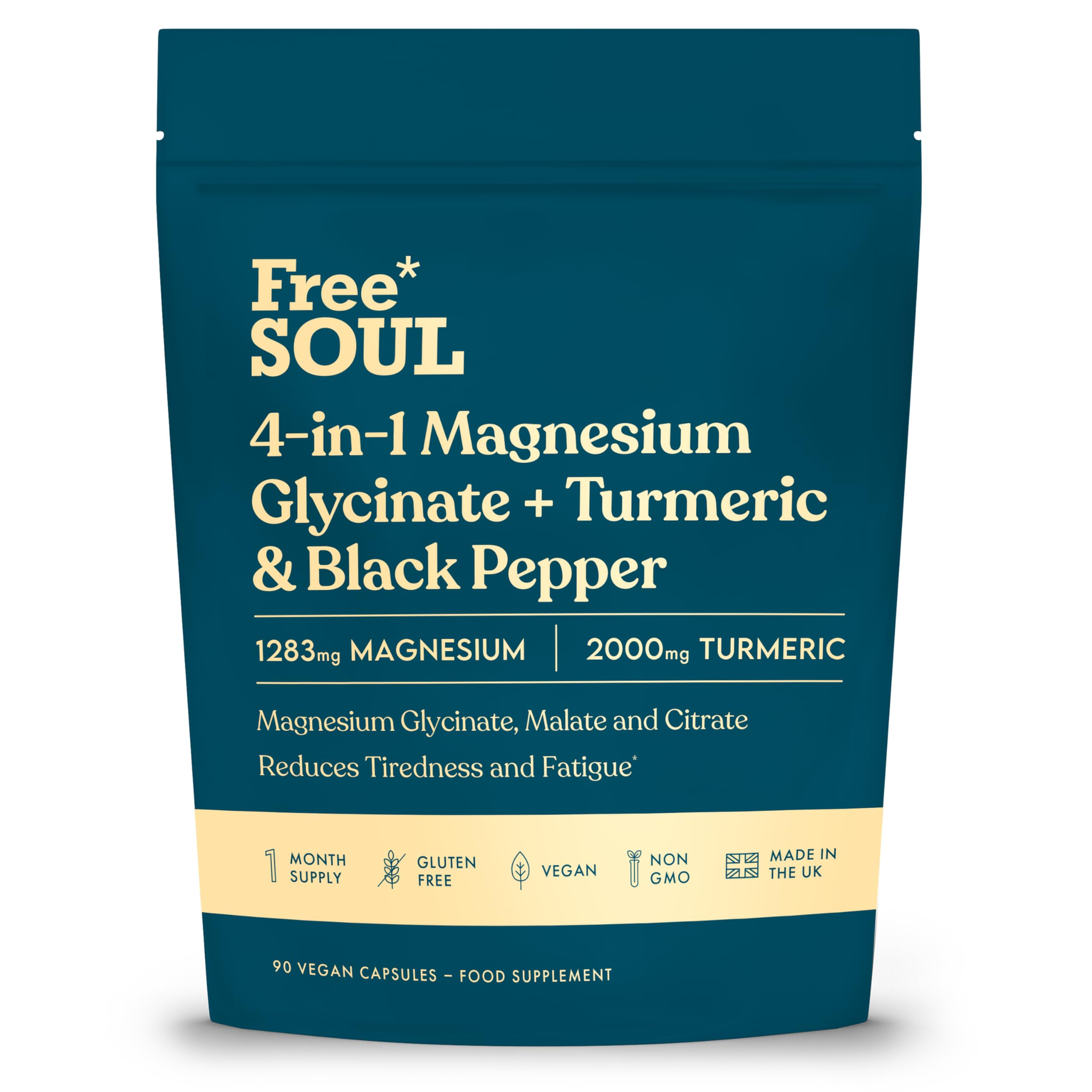 Magnesium Glycinate + Turmeric 4-in-1 Complex | Triple-Strength Magnesium Supplements with 1283mg, Bisglycinate, Citrate, Malate & 2000mg Turmeric | 90 Vegan Tablets | Gluten-Free