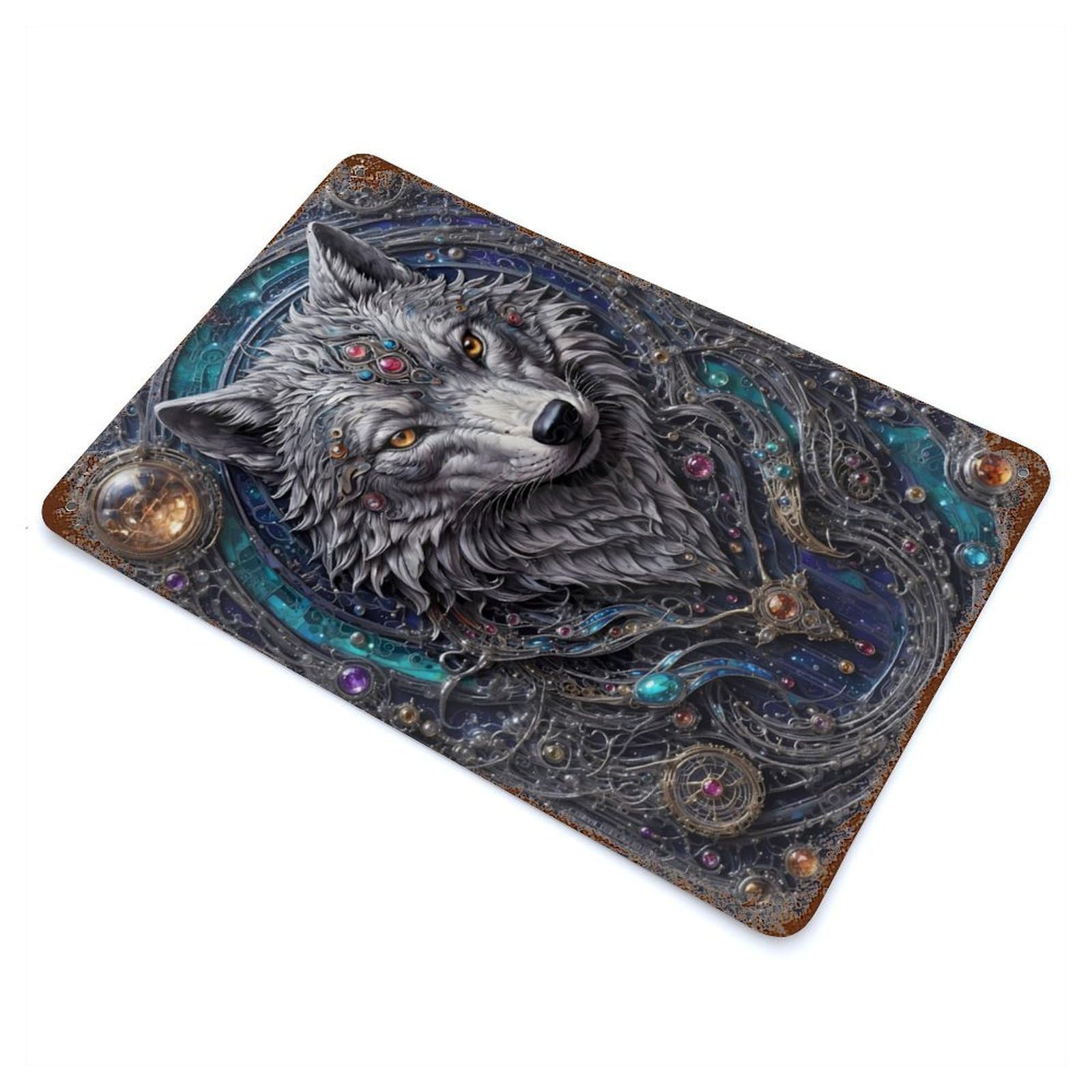 Techno Wolf Steampunk Vintage Rust Metal Sign 11.8"x7.9", Farmhouse Wall Decor for Garage, Pub Or Kitchen