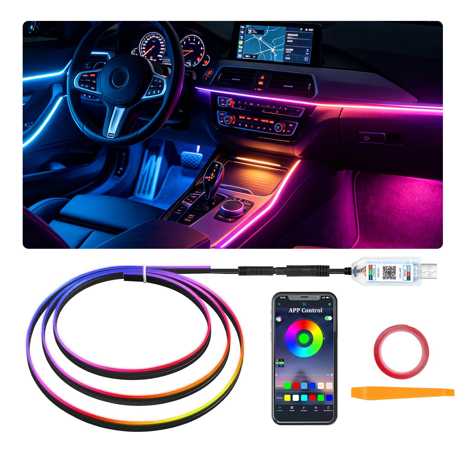 YUGUANG 5 IN 1 Auto Ambientebeleuchtung, RGB LED Innenbeleuchtung Streifenlichter 600cm mit 16 Millionen Farben