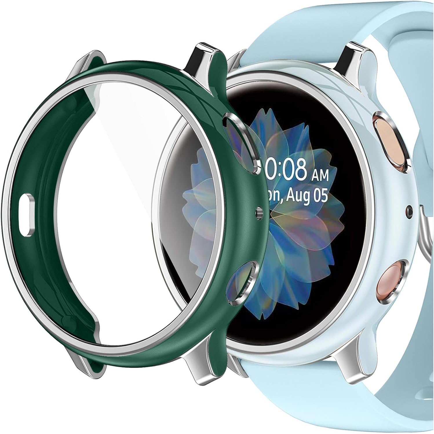 GEAK Compatible with Samsung Active 2 Watch Screen Protector 44mm,2 Pack Stylish Colors Soft Full Cover Case with HD Screen Protector for Samsung Galaxy Active 2 Smartwatch 44mm Light Blue/Dark Green