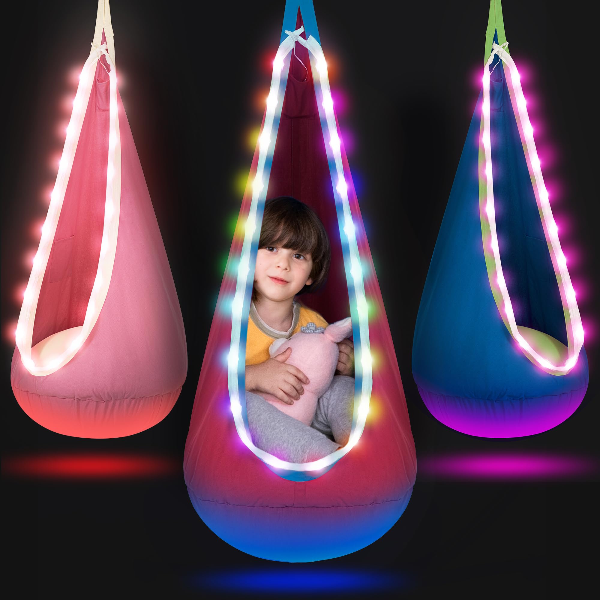 Light Up Pod Swing for Kids Offers Adjustable Effects, Sensory Swing Ideal for Indoor and Outdoor Use. Kids Hammock Easy to Install.(Rose Red)