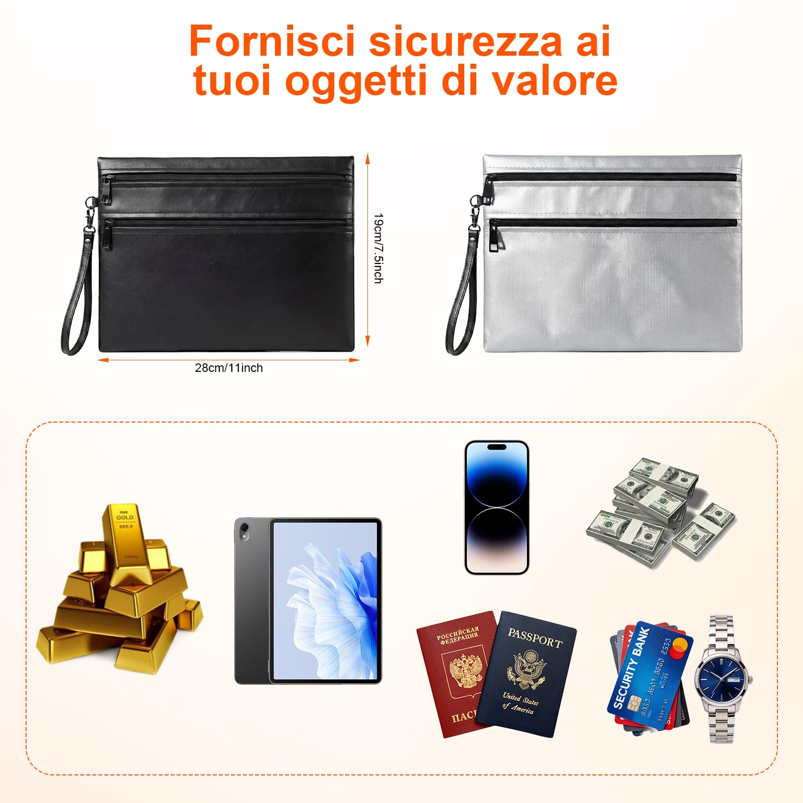 2 Piezas Bolsa Ignífuga, Bolsa Para Documentos Impermeable E Ignífuga(28x19cm,6400℉), 12 Capas Aislantes, Se Puede Utilizar Para Guardar Dinero En Efectivo, Pasaportes Y Objetos De Valor