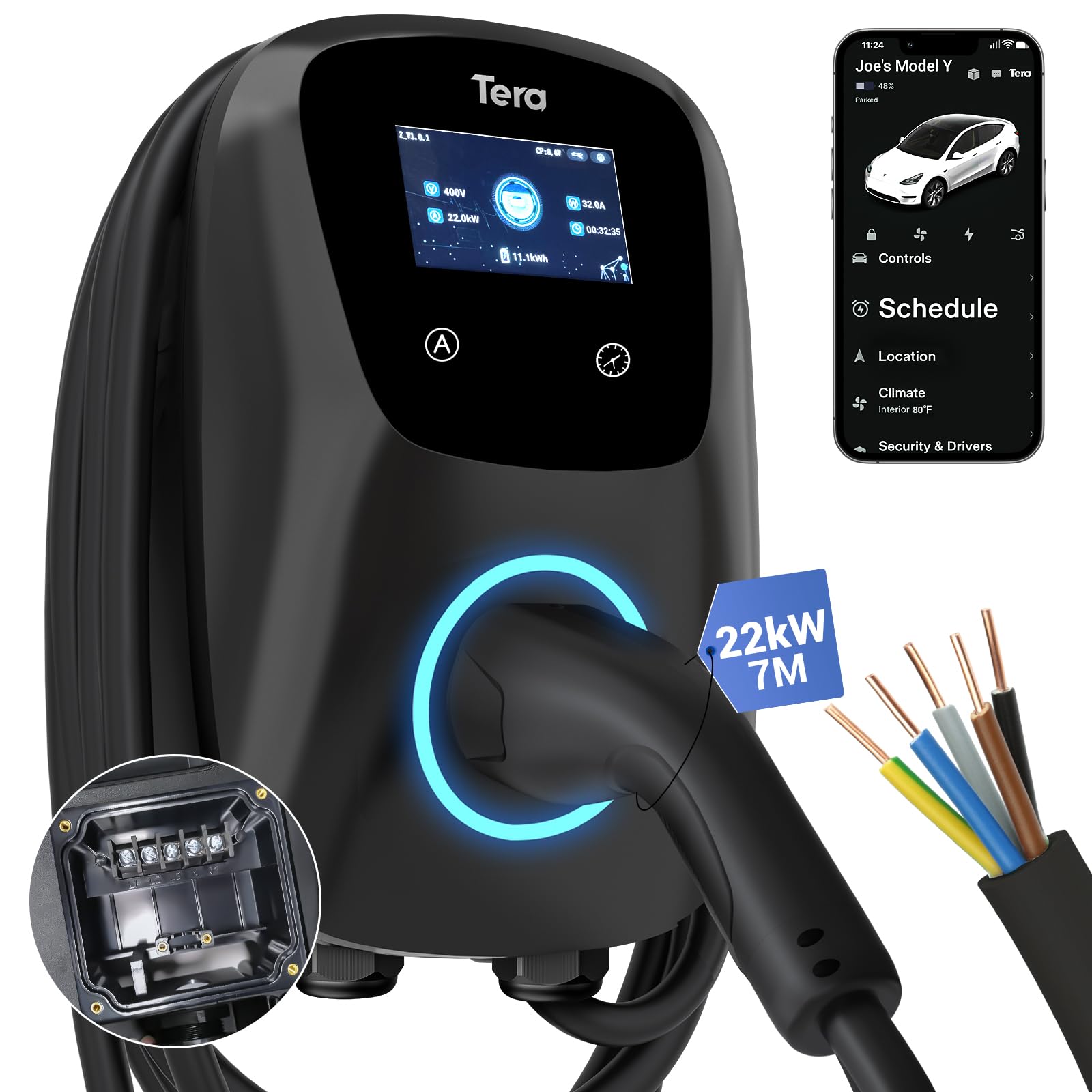 EV Charger Smart App with 32A Type 2 22kW Home Charging Station 400V CE & TÜV Wallbox 7 m Charging Cable with Charger Holder App Control Hard Wiring for All EVs and PHEVs W01 Black