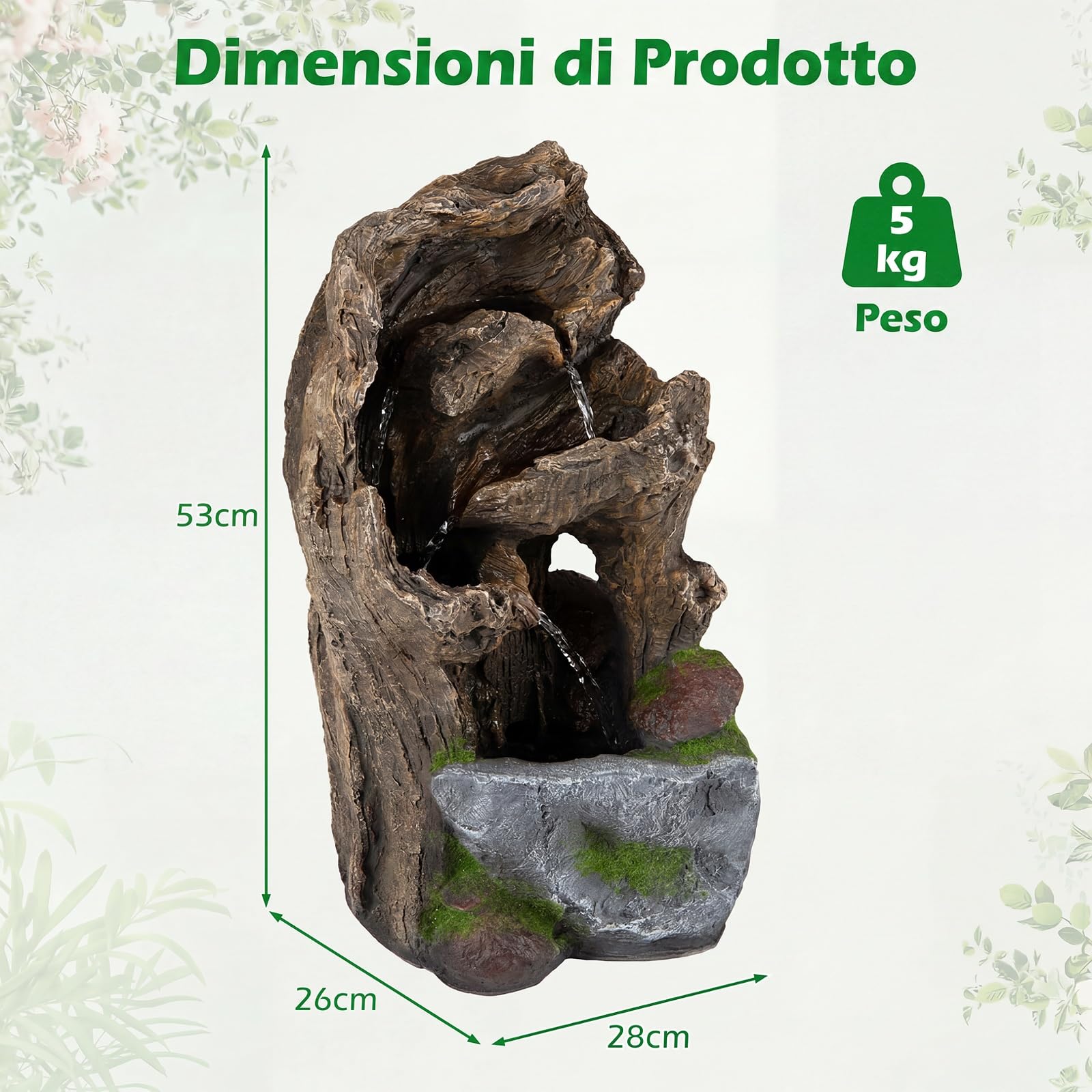 COSTWAY Fontana a Cascata, Fontana da Esterno con Illuminazione LED, Pompa e Muschio Artificiale, Ornamento Cascata in Stile Roccia per Cortile, Balcone e Salotto, 30,5 x 26 x 53 cm